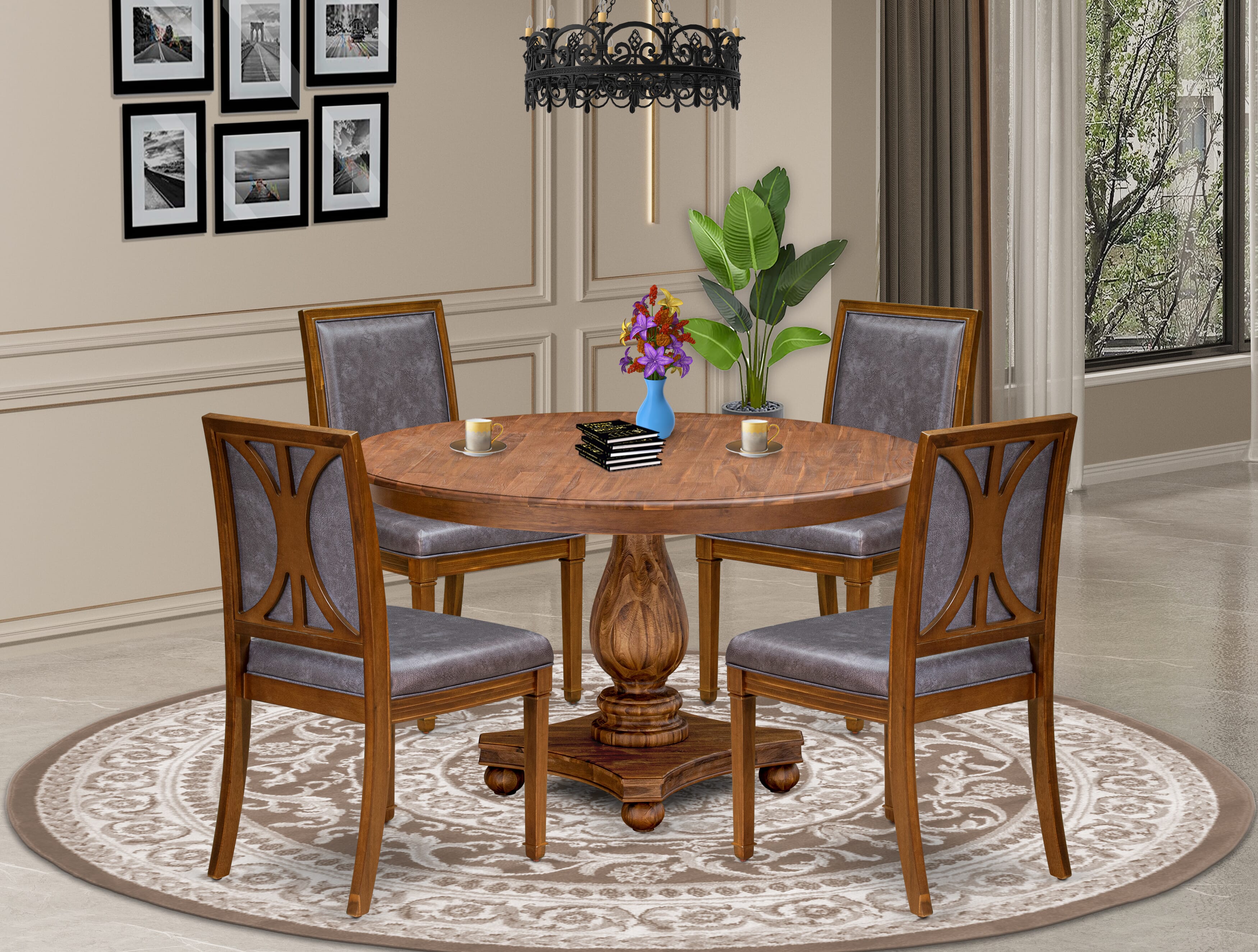 Luxe by East West Furniture - F2AM5-50N-34 - 5-piece Dining Room Table Set consists of a Dining Table and 4 Dark Grey Polyester Fabric Dining Chairs with High Back - Antique Walnut Finish