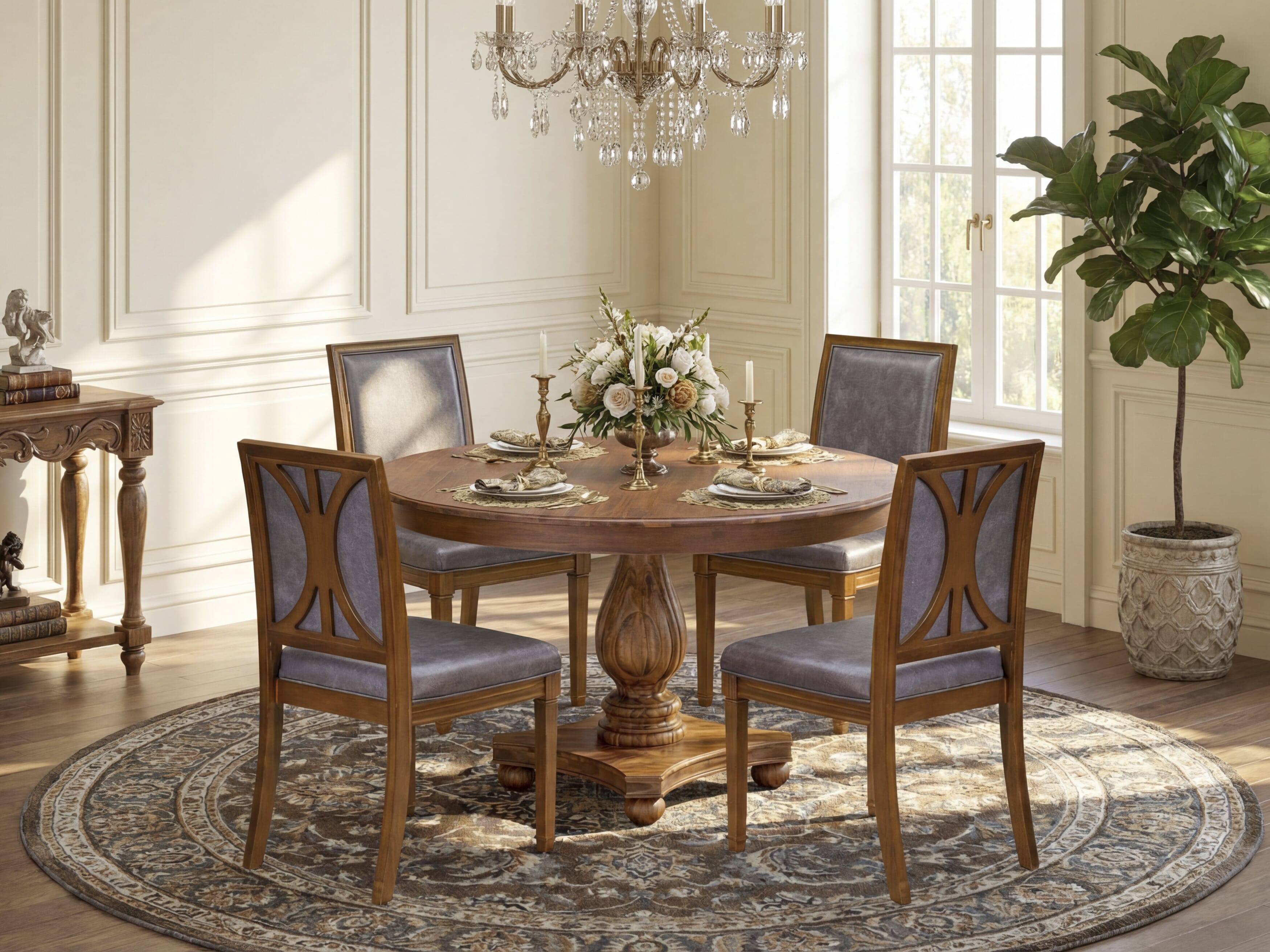 Luxe by East West Furniture - F2AM5-50N-34 - 5-piece Dining Room Table Set consists of a Dining Table and 4 Dark Grey Polyester Fabric Dining Chairs with High Back - Antique Walnut Finish