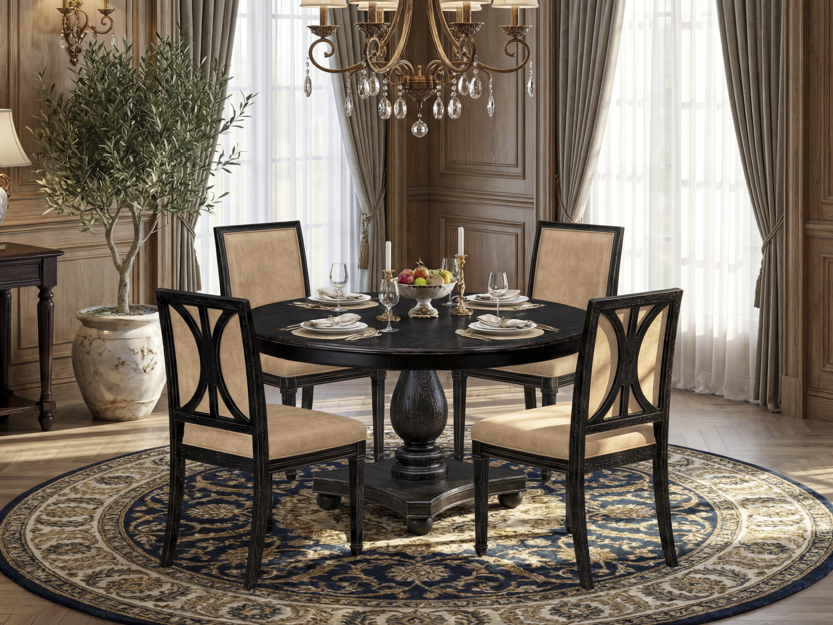 Luxe by East West Furniture - F2AM5-511-28 - 5-piece Dining Table Set consists of a Dining Table and 4 Beige Polyester Fabric Dining Room Chairs with High Back - Sand Blasting Black Finish