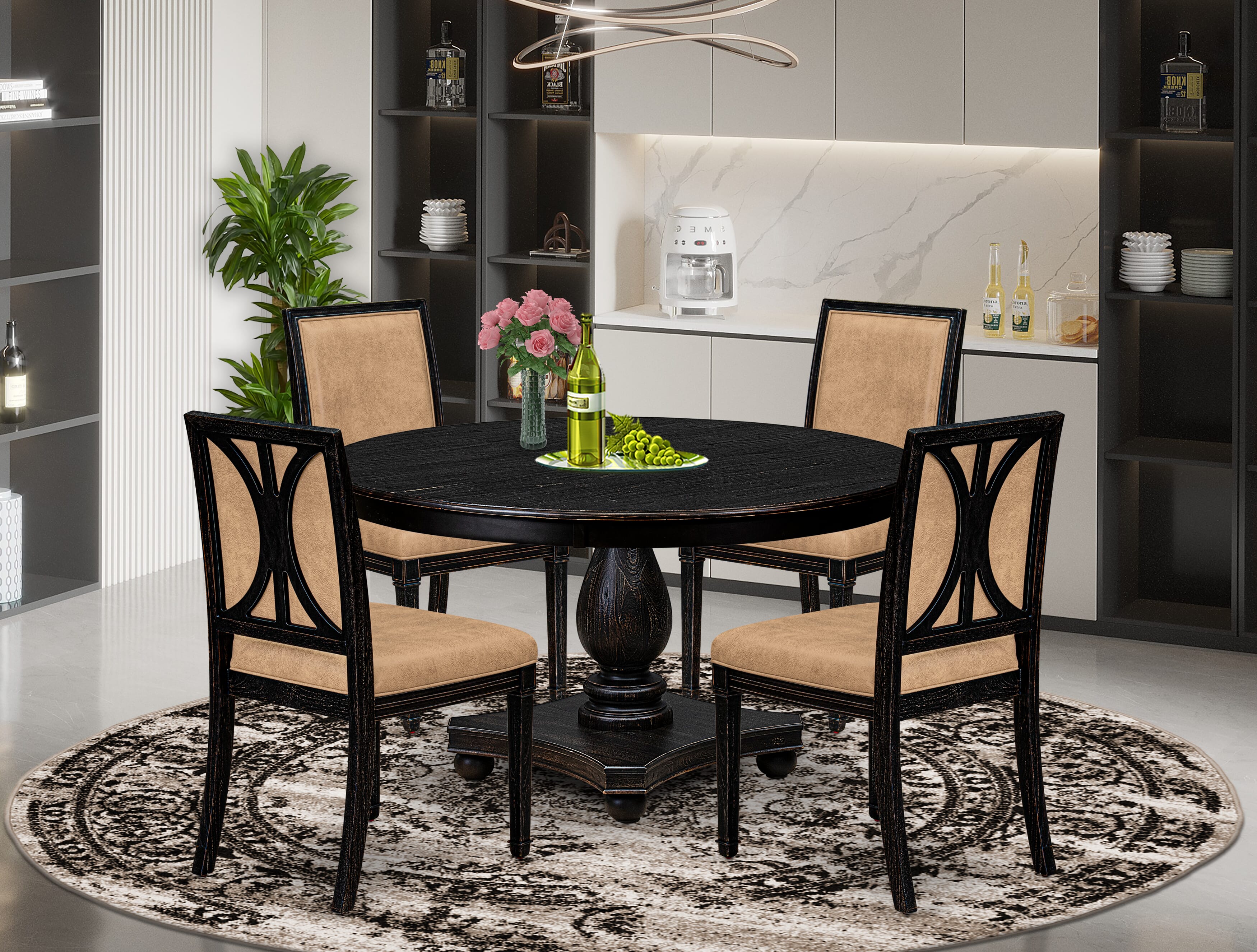 Luxe by East West Furniture - F2AM5-511-28 - 5-piece Dining Table Set consists of a Dining Table and 4 Beige Polyester Fabric Dining Room Chairs with High Back - Sand Blasting Black Finish