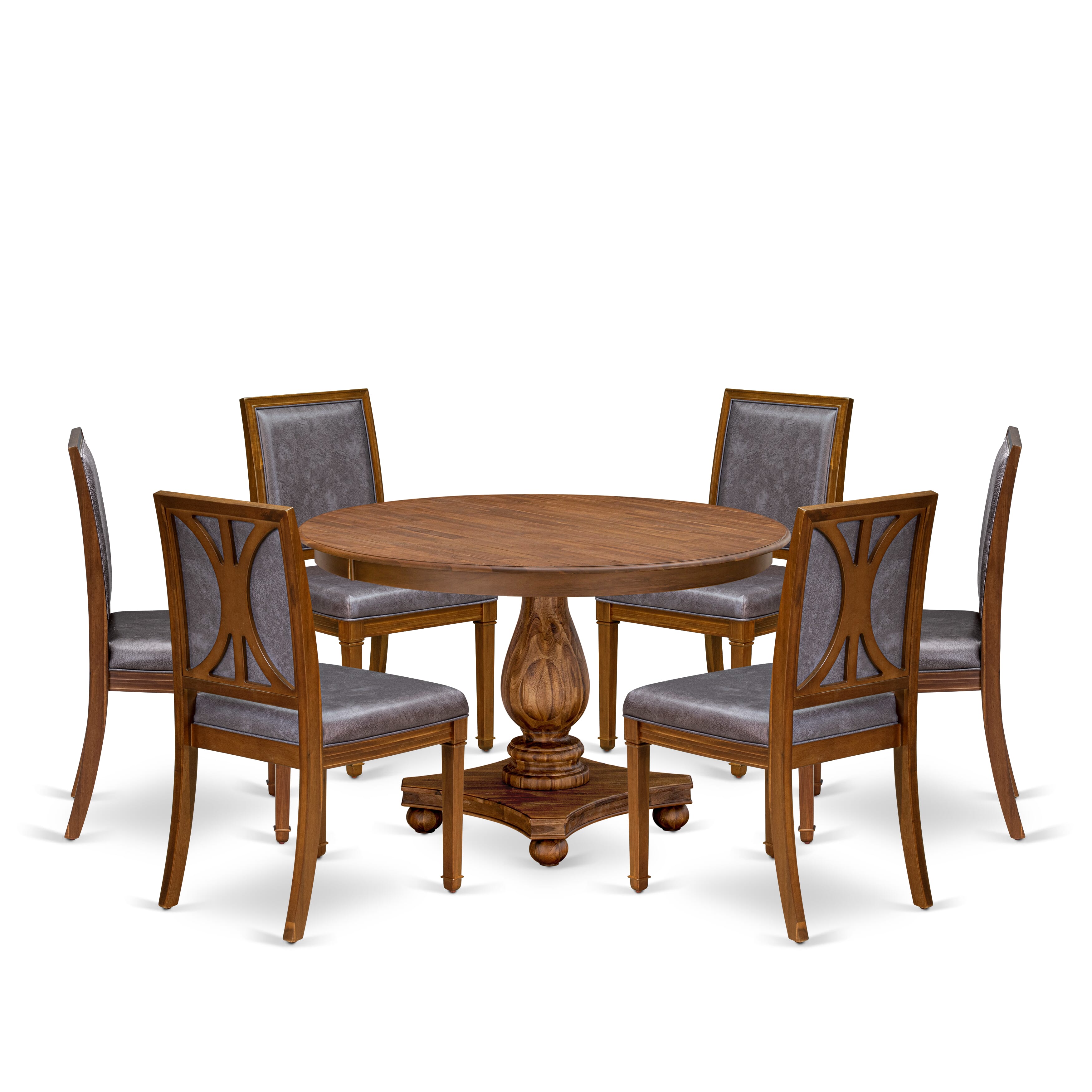 Luxe by East West Furniture - F2AM7-40N-34- 7-Piece Dining Room Set includes a Round Dining Table and 6 Dark Grey Faux Leather Chairs with stylish Back, Antique Walnut Finish.