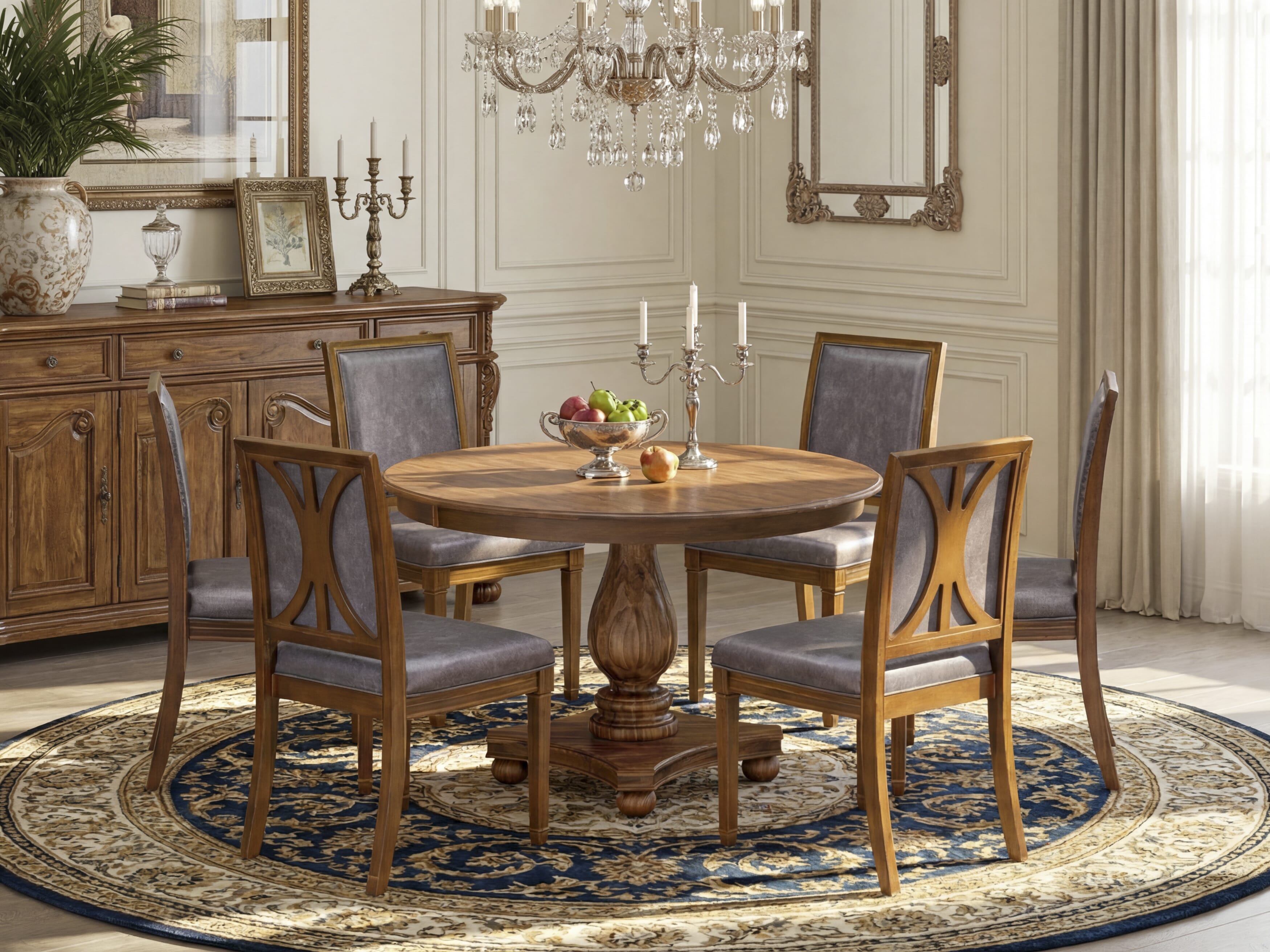 Luxe by East West Furniture - F2AM7-40N-34- 7-Piece Dining Room Set includes a Round Dining Table and 6 Dark Grey Faux Leather Chairs with stylish Back, Antique Walnut Finish.