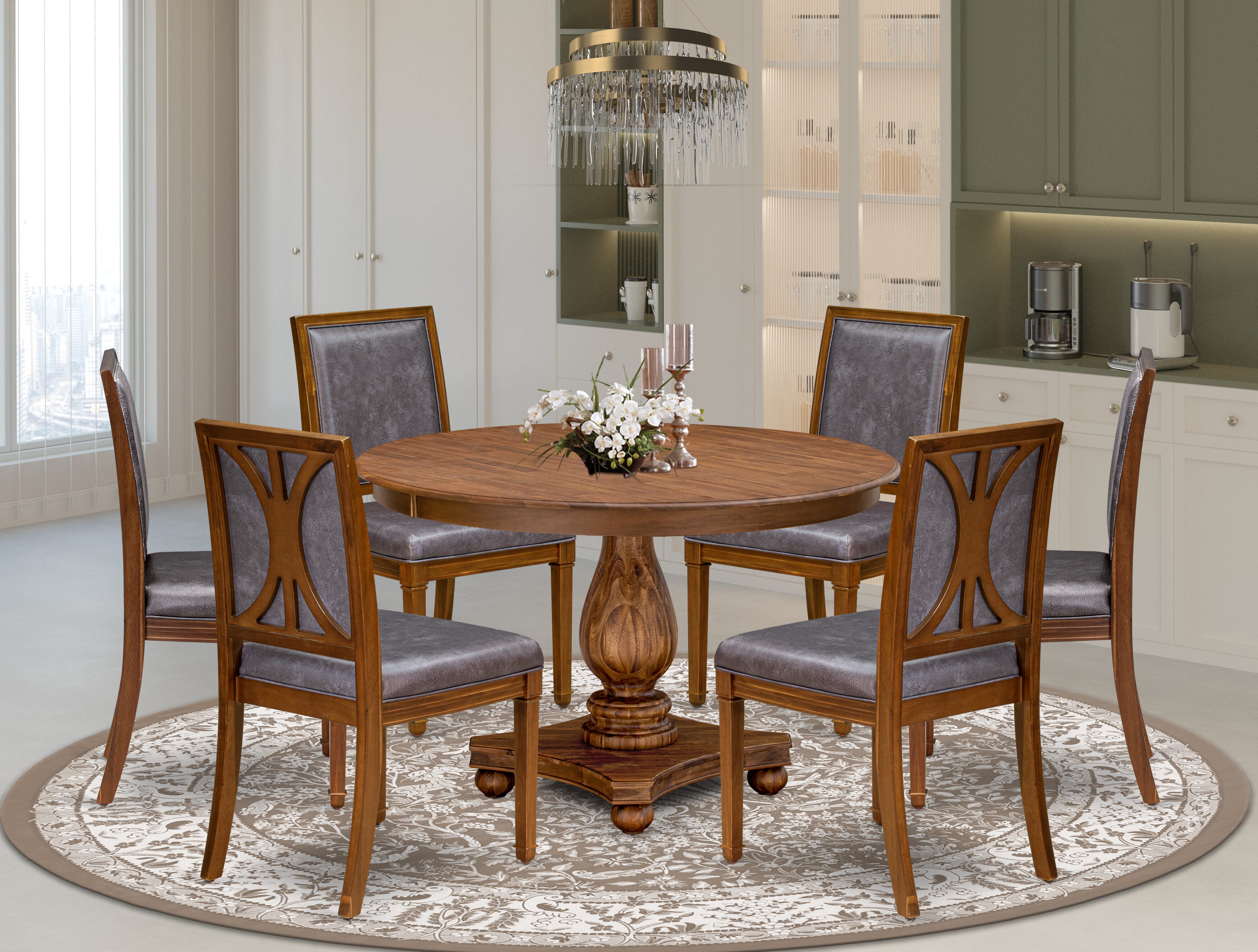 Luxe by East West Furniture - F2AM7-40N-34- 7-Piece Dining Room Set includes a Round Dining Table and 6 Dark Grey Faux Leather Chairs with stylish Back, Antique Walnut Finish.