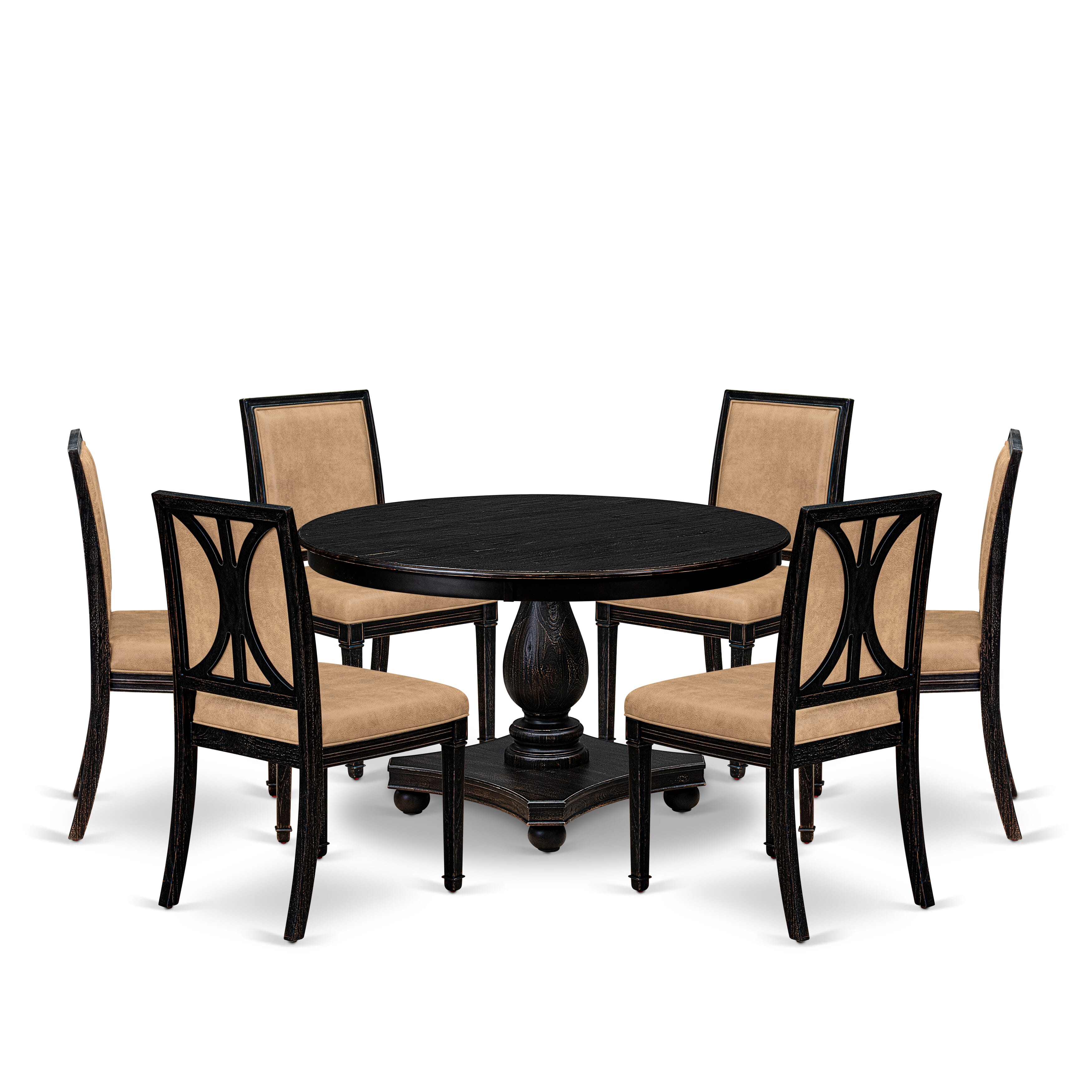 Luxe by East West Furniture - F2AM7-411-28 - 7-piece Kitchen Table Set consists of a Dining Table and 6 Beige Polyester Fabric Kitchen Chairs with High Back - Sand Blasting Black Finish