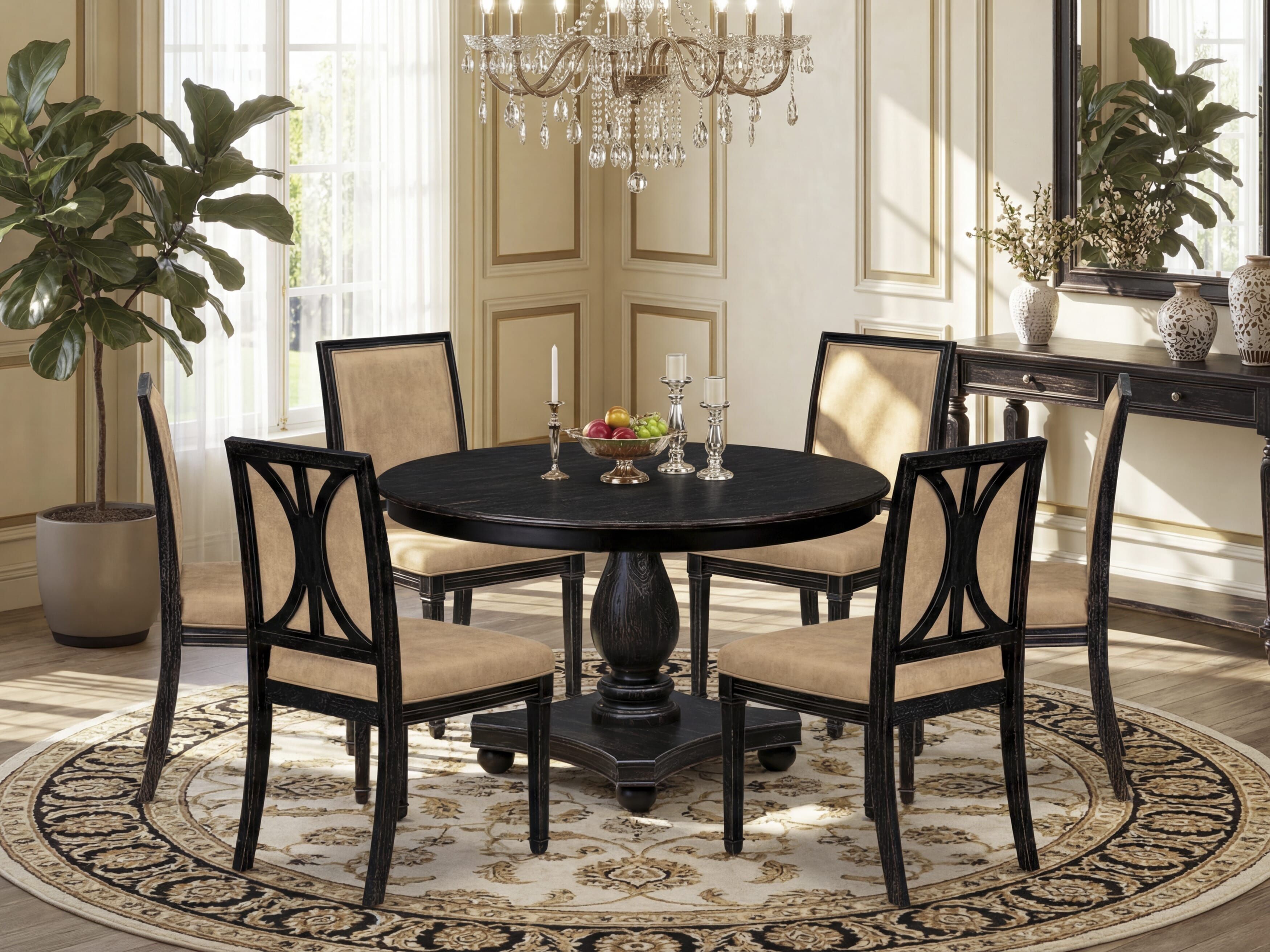 Luxe by East West Furniture - F2AM7-411-28 - 7-piece Kitchen Table Set consists of a Dining Table and 6 Beige Polyester Fabric Kitchen Chairs with High Back - Sand Blasting Black Finish