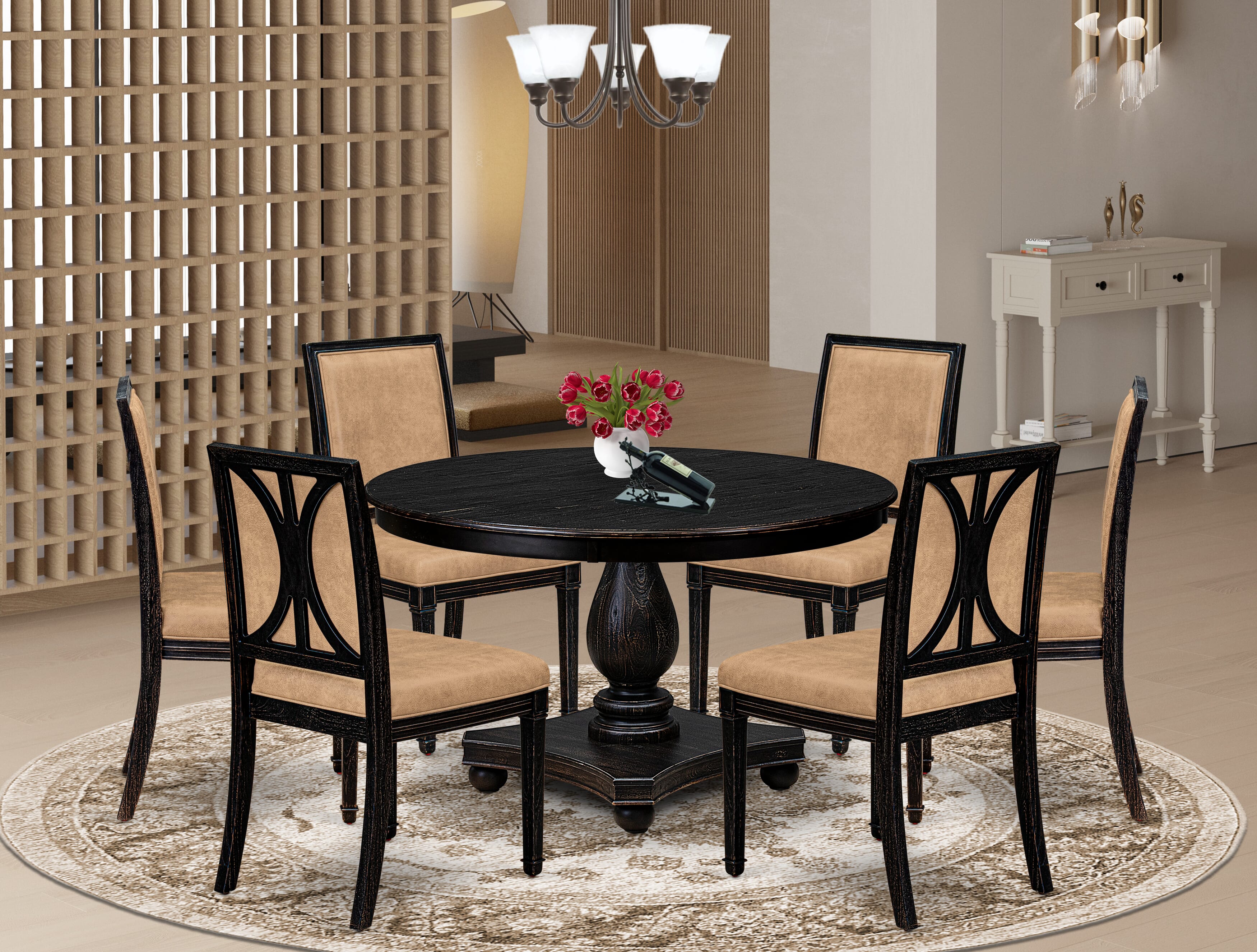 Luxe by East West Furniture - F2AM7-411-28 - 7-piece Kitchen Table Set consists of a Dining Table and 6 Beige Polyester Fabric Kitchen Chairs with High Back - Sand Blasting Black Finish