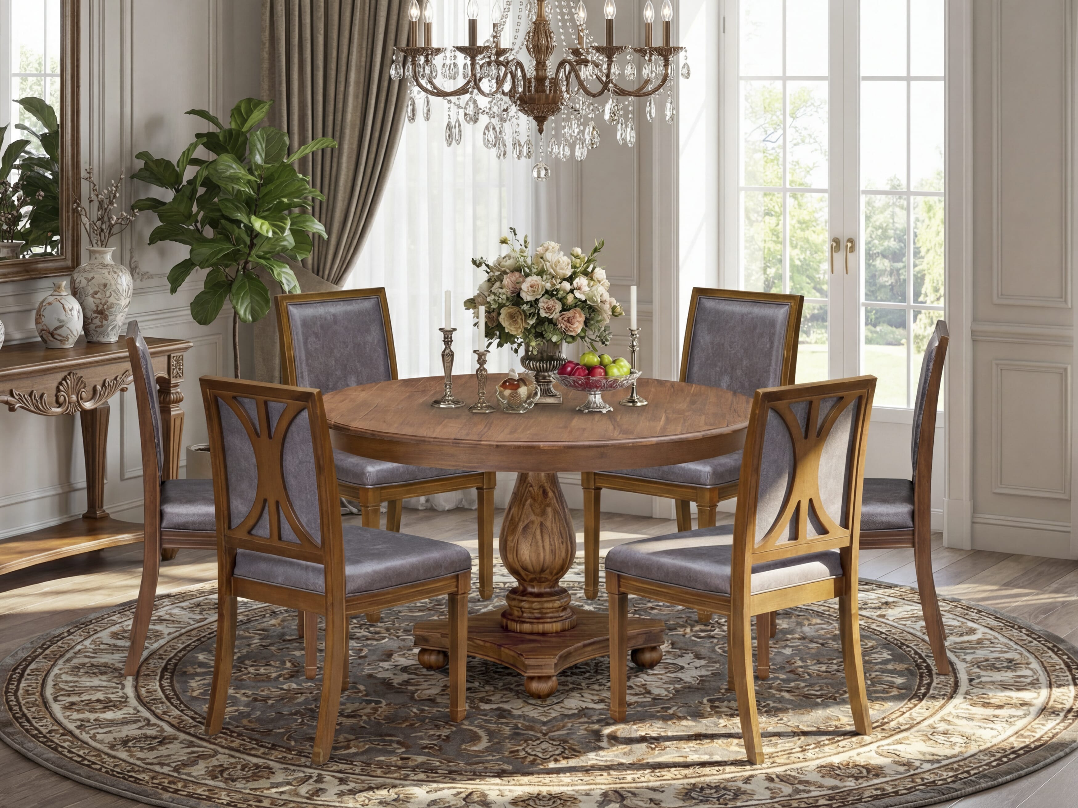 Luxe by East West Furniture - F2AM7-50N-34 - 7-piece Dining Room Table Set consists of a Dining Table and 6 Dark Grey Polyester Fabric Dining Chairs with High Back - Antique Walnut Finish