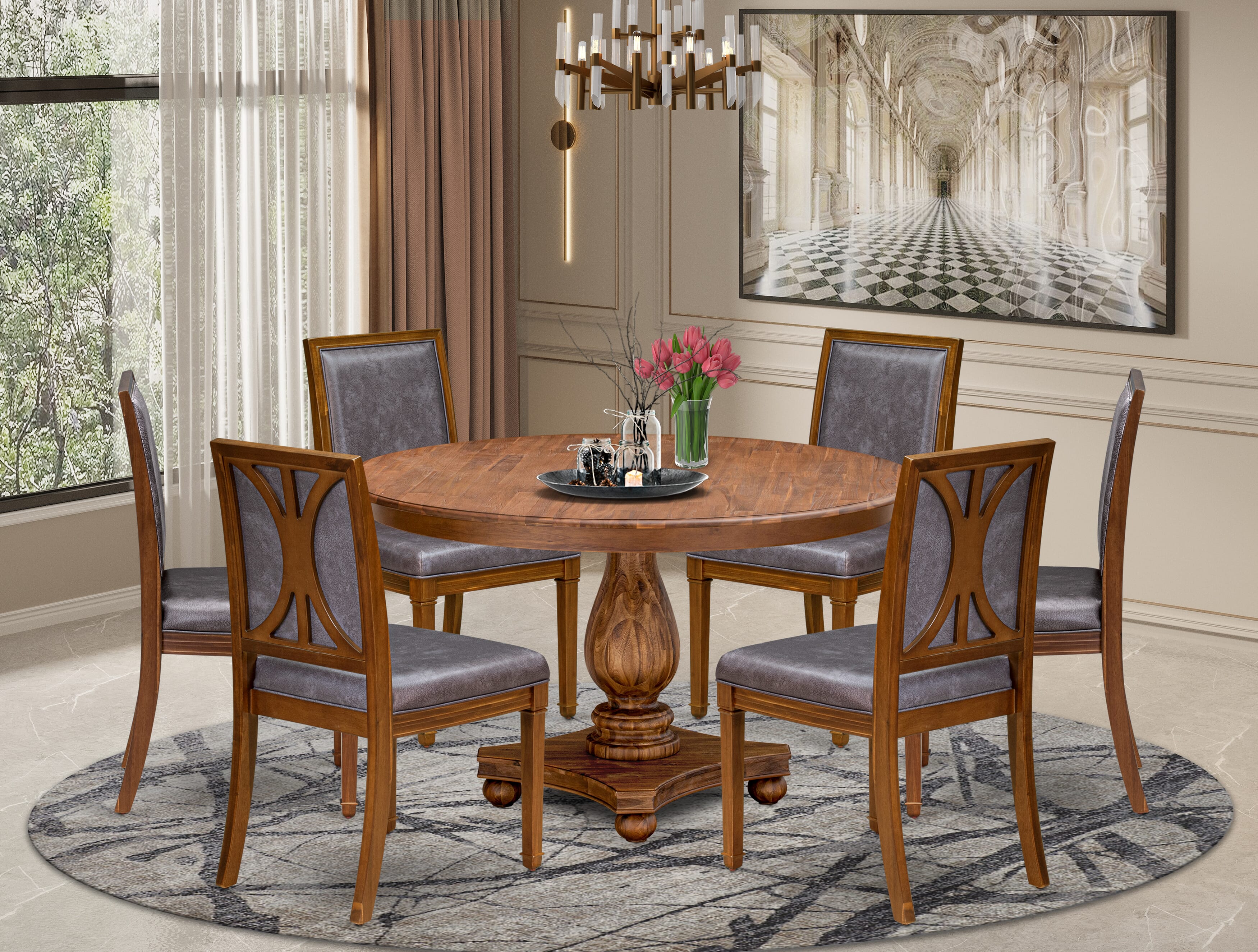 Luxe by East West Furniture - F2AM7-50N-34 - 7-piece Dining Room Table Set consists of a Dining Table and 6 Dark Grey Polyester Fabric Dining Chairs with High Back - Antique Walnut Finish