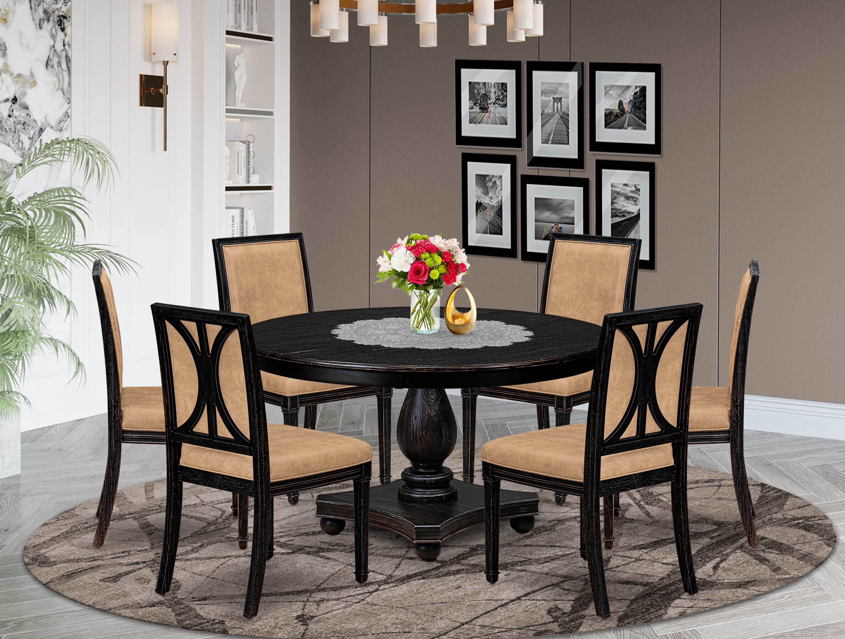 Luxe by East West Furniture - F2AM7-511-28 - 7-piece Dining Room Set consists of a Dining Table and 6 Beige Polyester Fabric Mid Century Modern Chair with High Back - Sand Blasting Black Finish