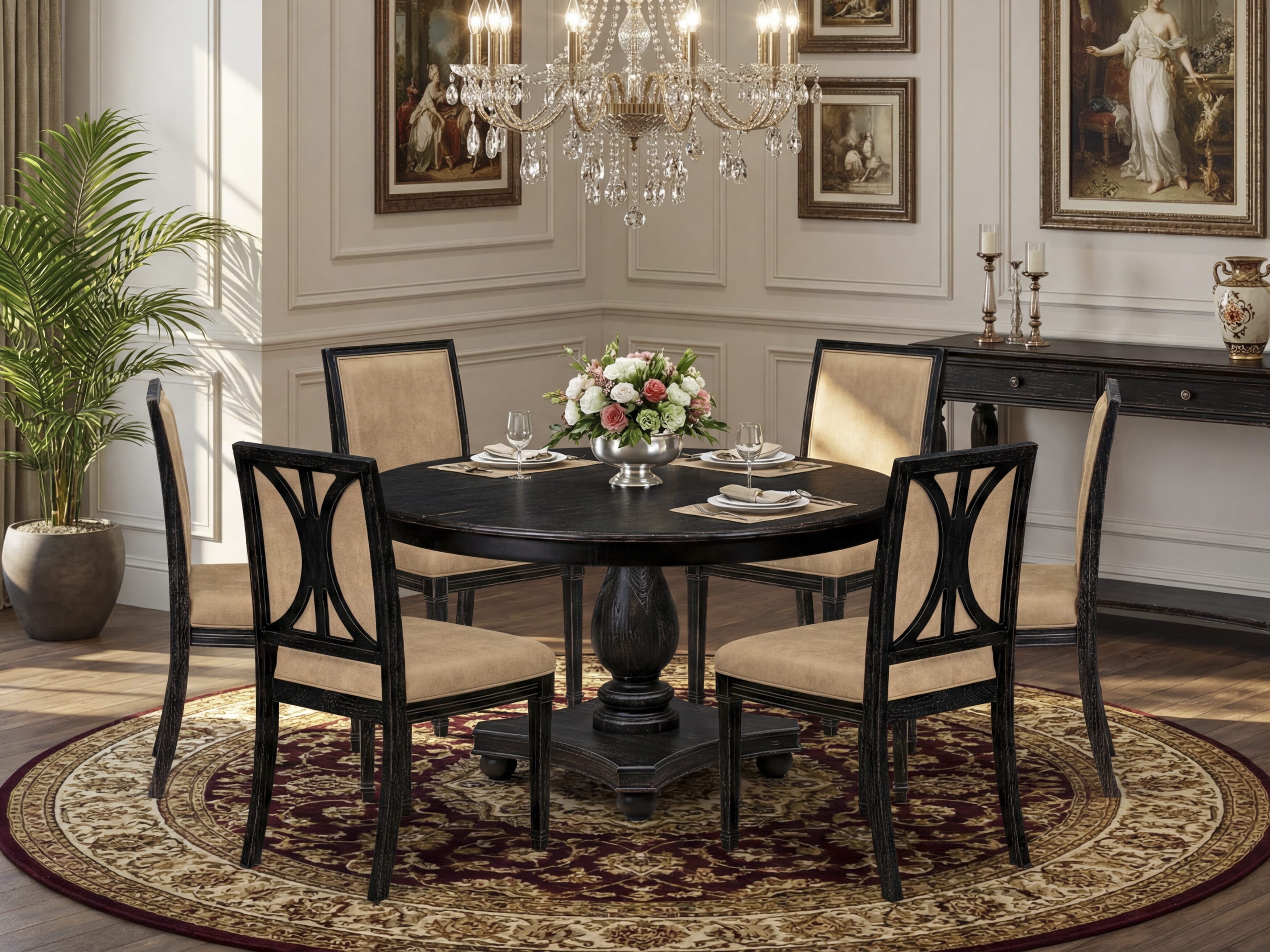 Luxe by East West Furniture - F2AM7-511-28 - 7-piece Dining Room Set consists of a Dining Table and 6 Beige Polyester Fabric Mid Century Modern Chair with High Back - Sand Blasting Black Finish