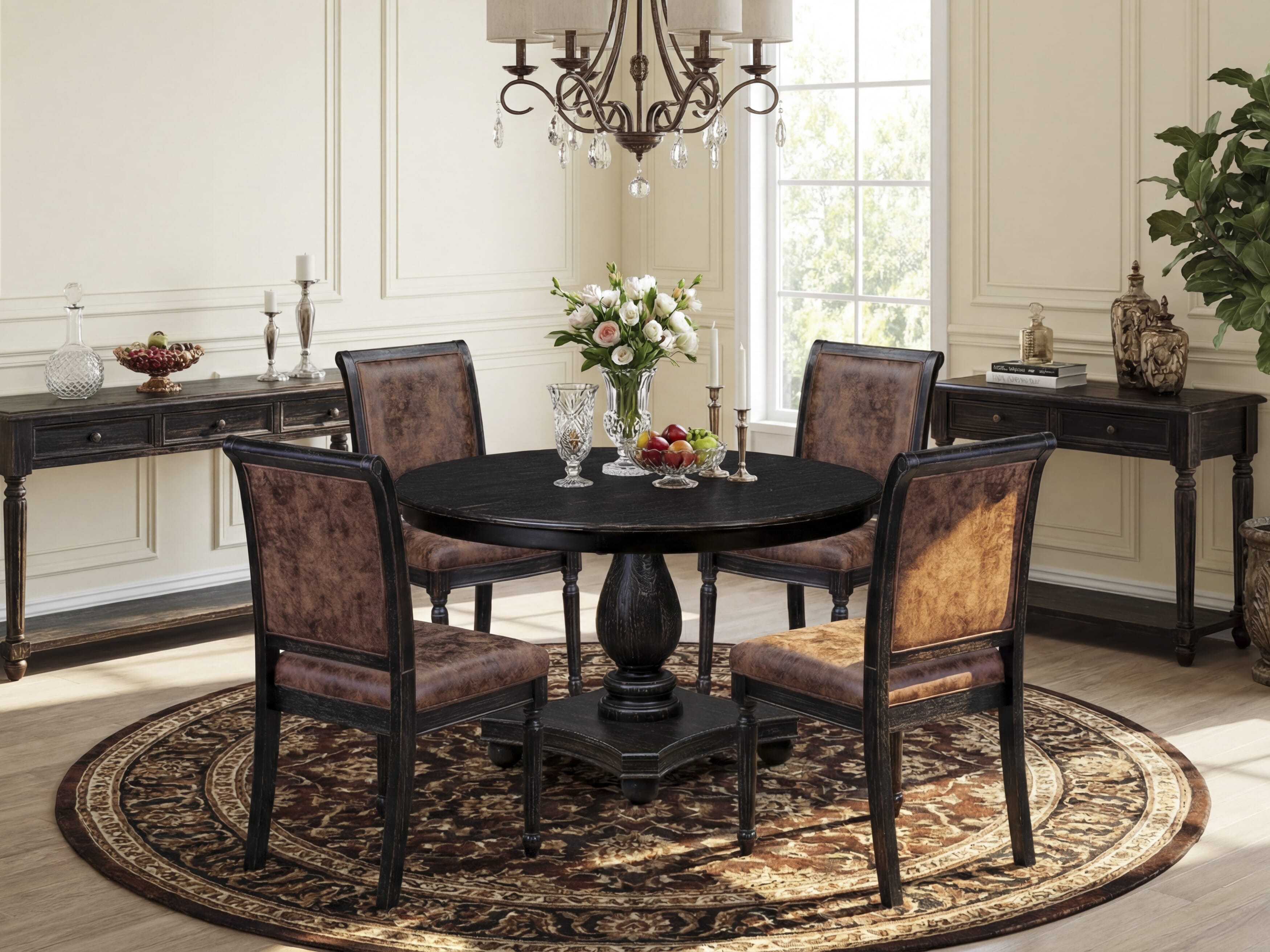 Luxe by East West Furniture - F2CY5-411-33 - 5-piece Dining Room Table Set consists of a Dining Table and 4 Brown Polyester Fabric Dining Chairs with High Back - Sand Blasting Black Finish