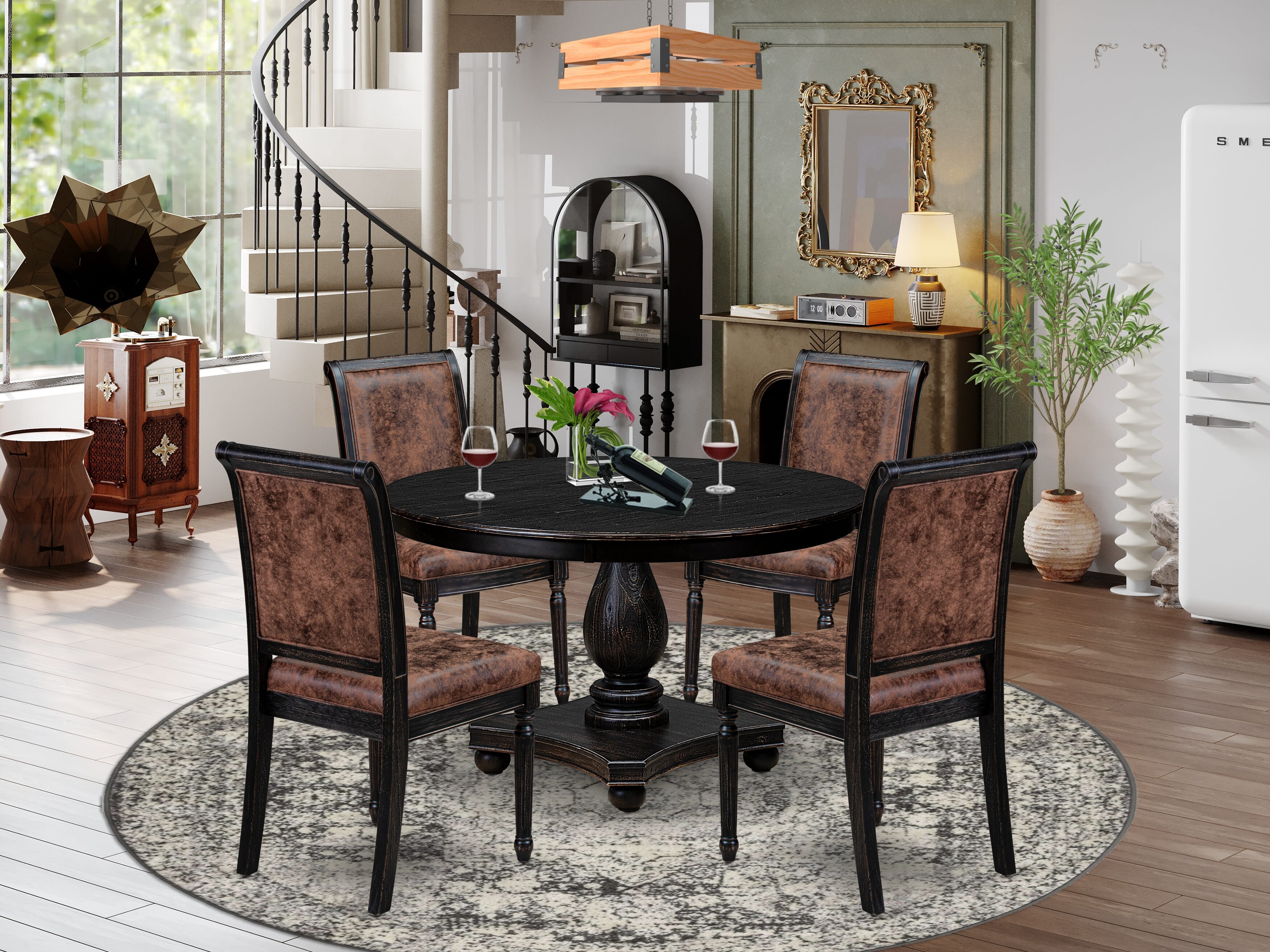 Luxe by East West Furniture - F2CY5-411-33 - 5-piece Dining Room Table Set consists of a Dining Table and 4 Brown Polyester Fabric Dining Chairs with High Back - Sand Blasting Black Finish