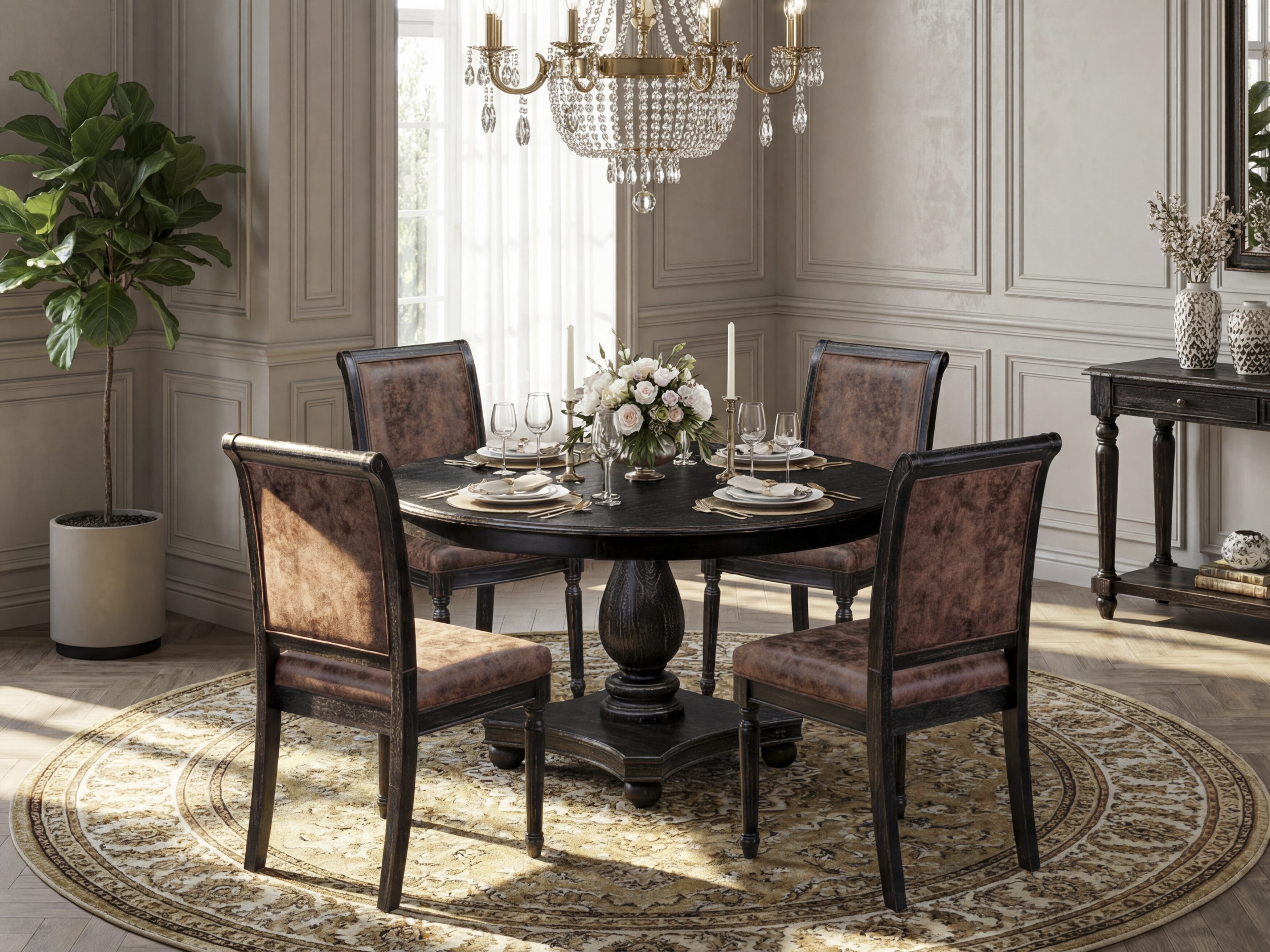 Luxe by East West Furniture - F2CY5-511-33 - 5-piece Dining Table Set consists of a Dining Table and 4 Brown Polyester Fabric Dining Room Chairs with High Back - Sand Blasting Black Finish