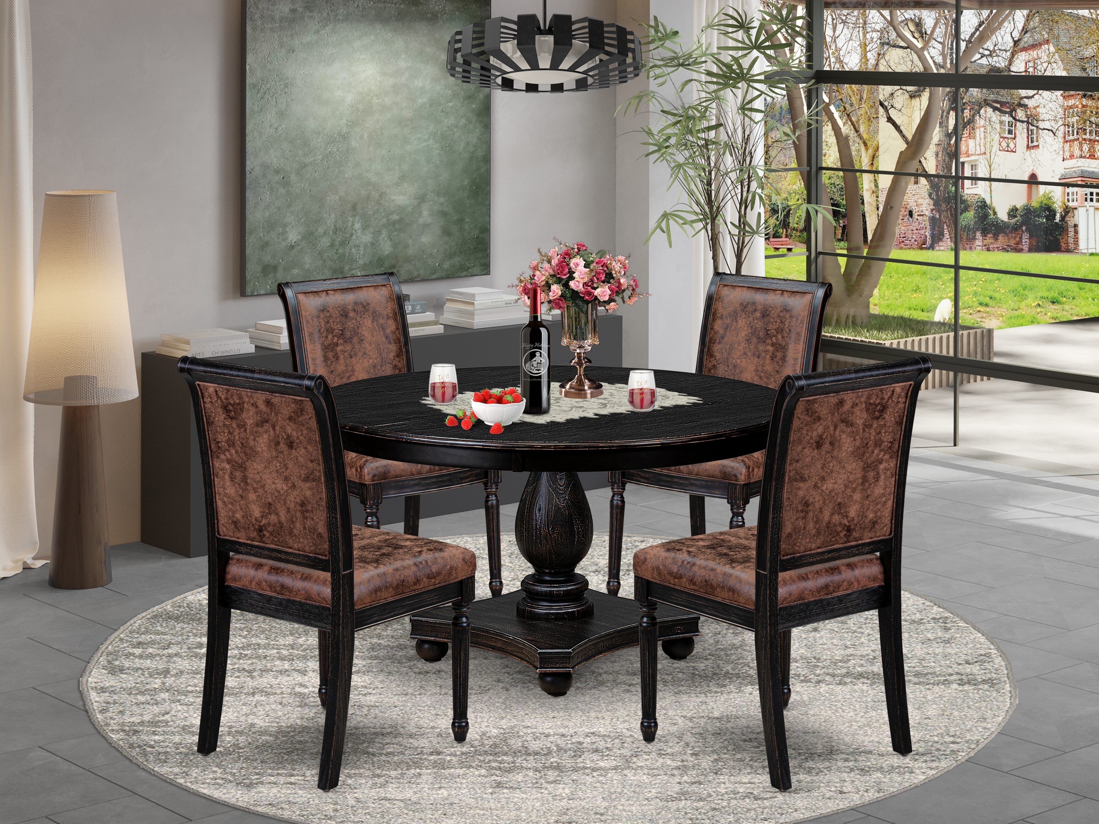 Luxe by East West Furniture - F2CY5-511-33 - 5-piece Dining Table Set consists of a Dining Table and 4 Brown Polyester Fabric Dining Room Chairs with High Back - Sand Blasting Black Finish
