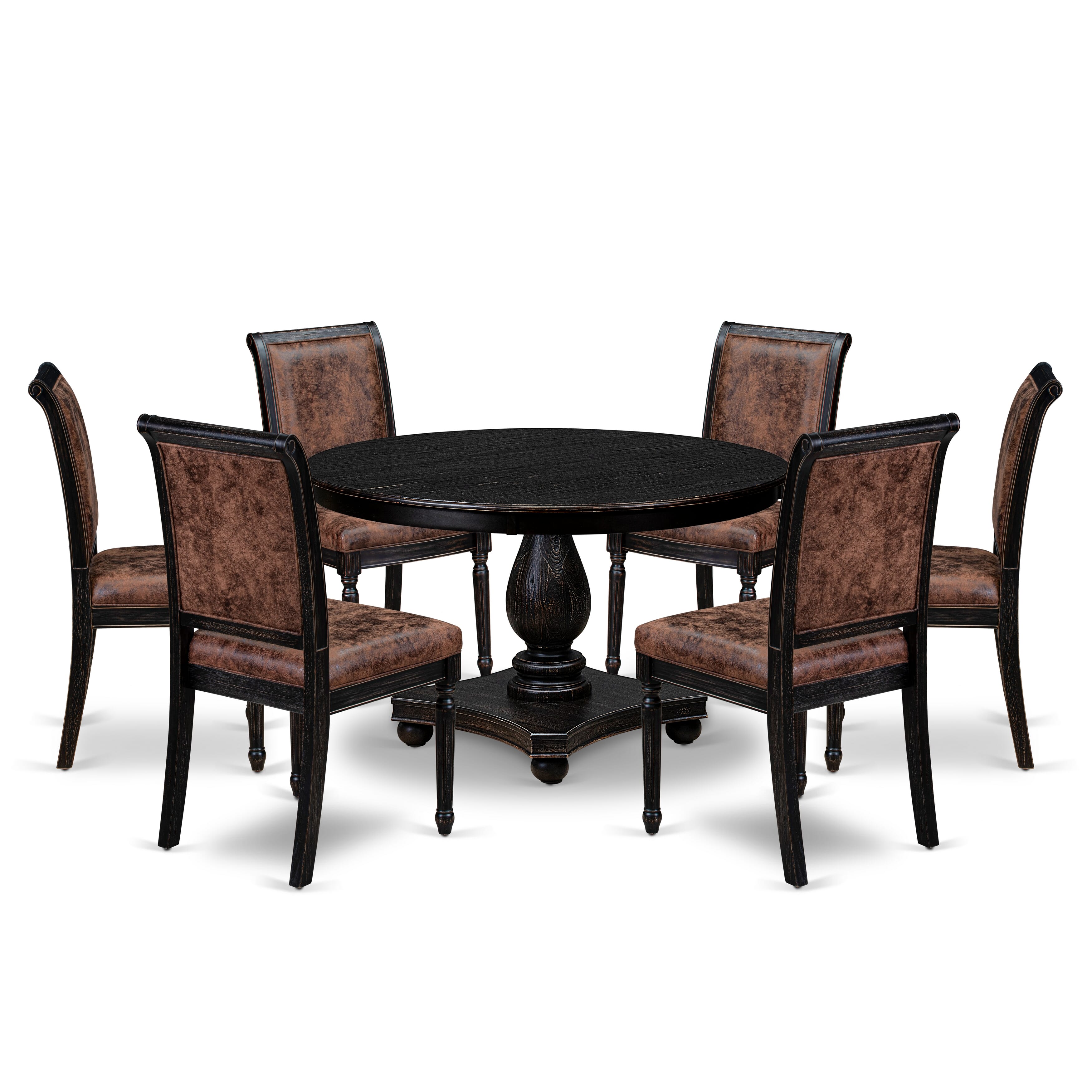 Luxe by East West Furniture - F2CY7-411-33 - 7-piece Dining Room Table Set consists of a Dining Table and 6 Brown Polyester Fabric Dining Chairs with High Back - Sand Blasting Black Finish