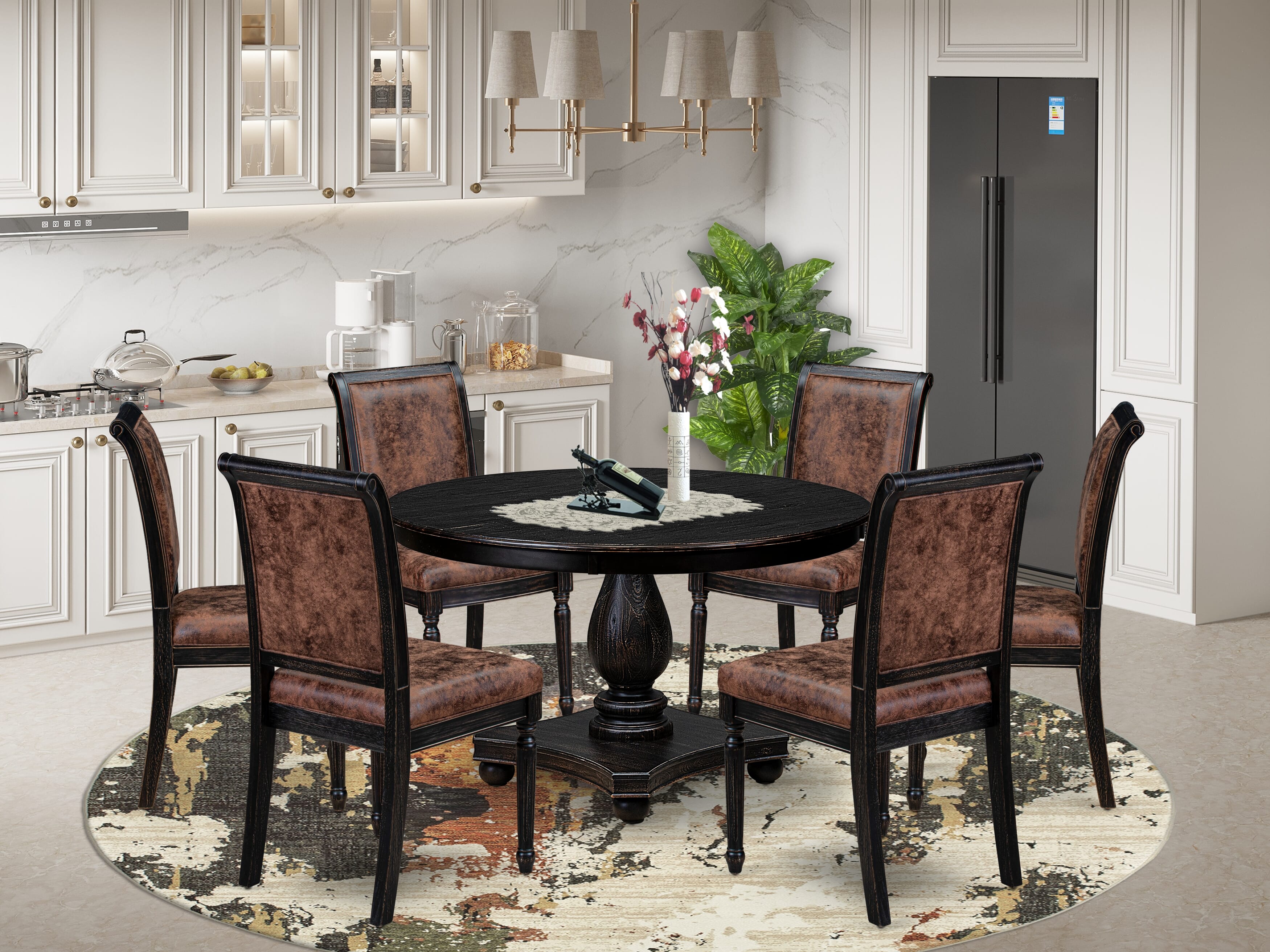 Luxe by East West Furniture - F2CY7-411-33 - 7-piece Dining Room Table Set consists of a Dining Table and 6 Brown Polyester Fabric Dining Chairs with High Back - Sand Blasting Black Finish