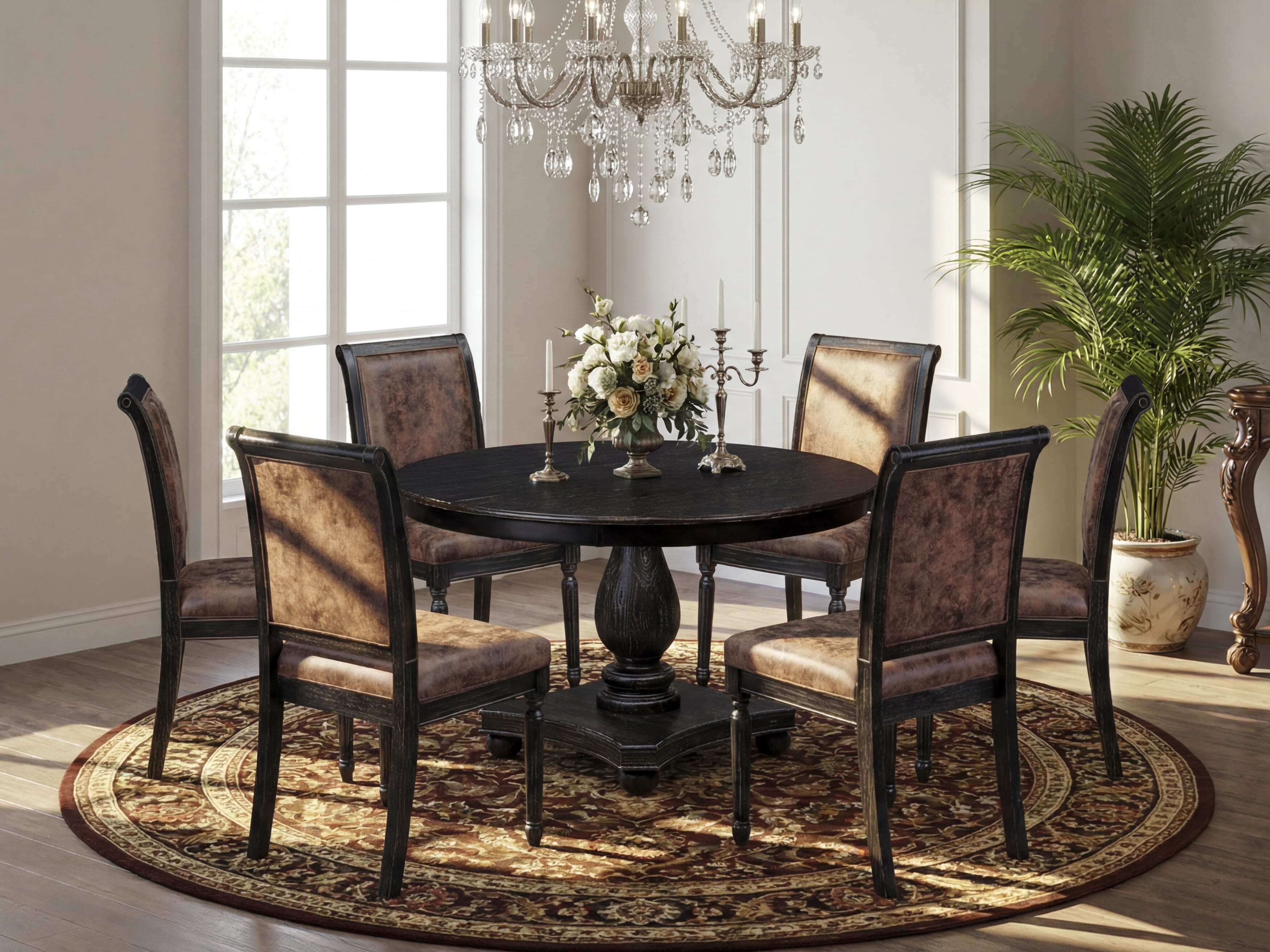 Luxe by East West Furniture - F2CY7-411-33 - 7-piece Dining Room Table Set consists of a Dining Table and 6 Brown Polyester Fabric Dining Chairs with High Back - Sand Blasting Black Finish