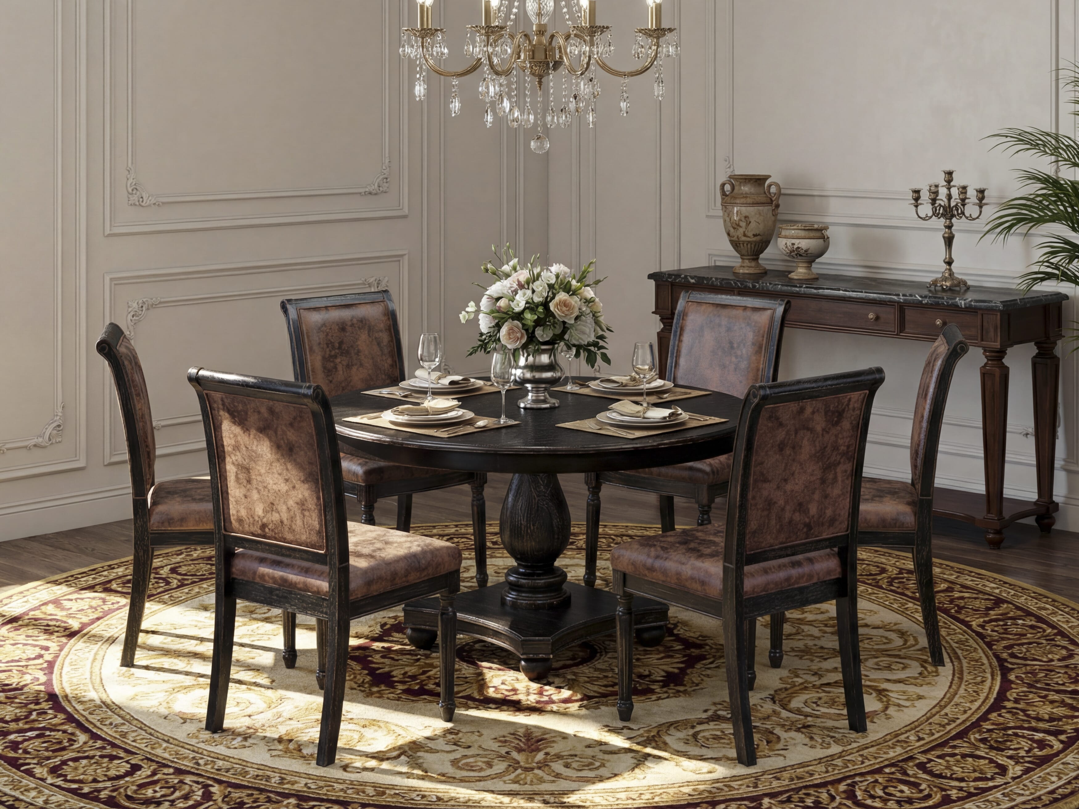 Luxe by East West Furniture - F2CY7-511-33 - 7-piece Dining Table Set consists of a Dining Table and 6 Brown Polyester Fabric Dining Room Chairs with High Back - Sand Blasting Black Finish