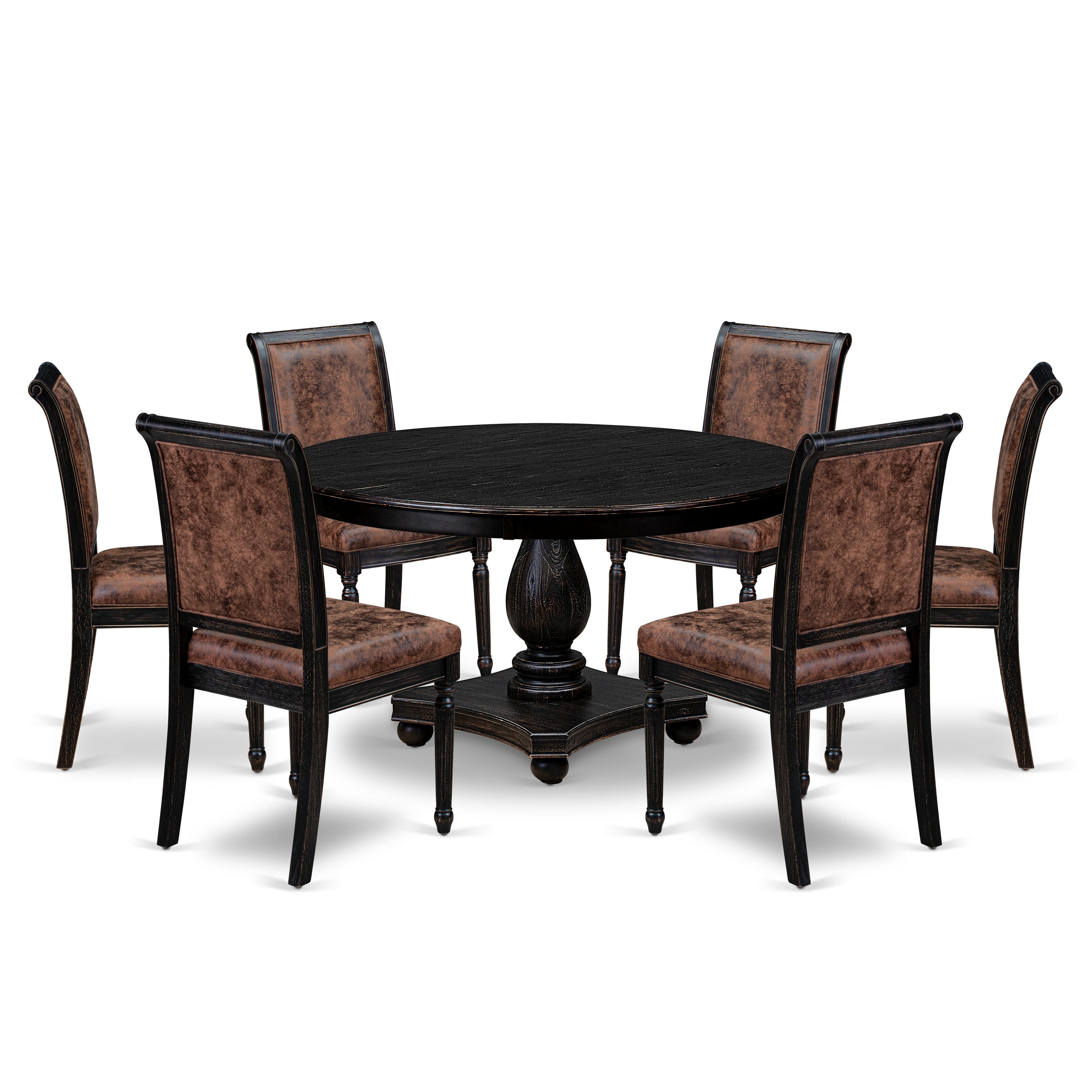 Luxe by East West Furniture - F2CY7-511-33 - 7-piece Dining Table Set consists of a Dining Table and 6 Brown Polyester Fabric Dining Room Chairs with High Back - Sand Blasting Black Finish