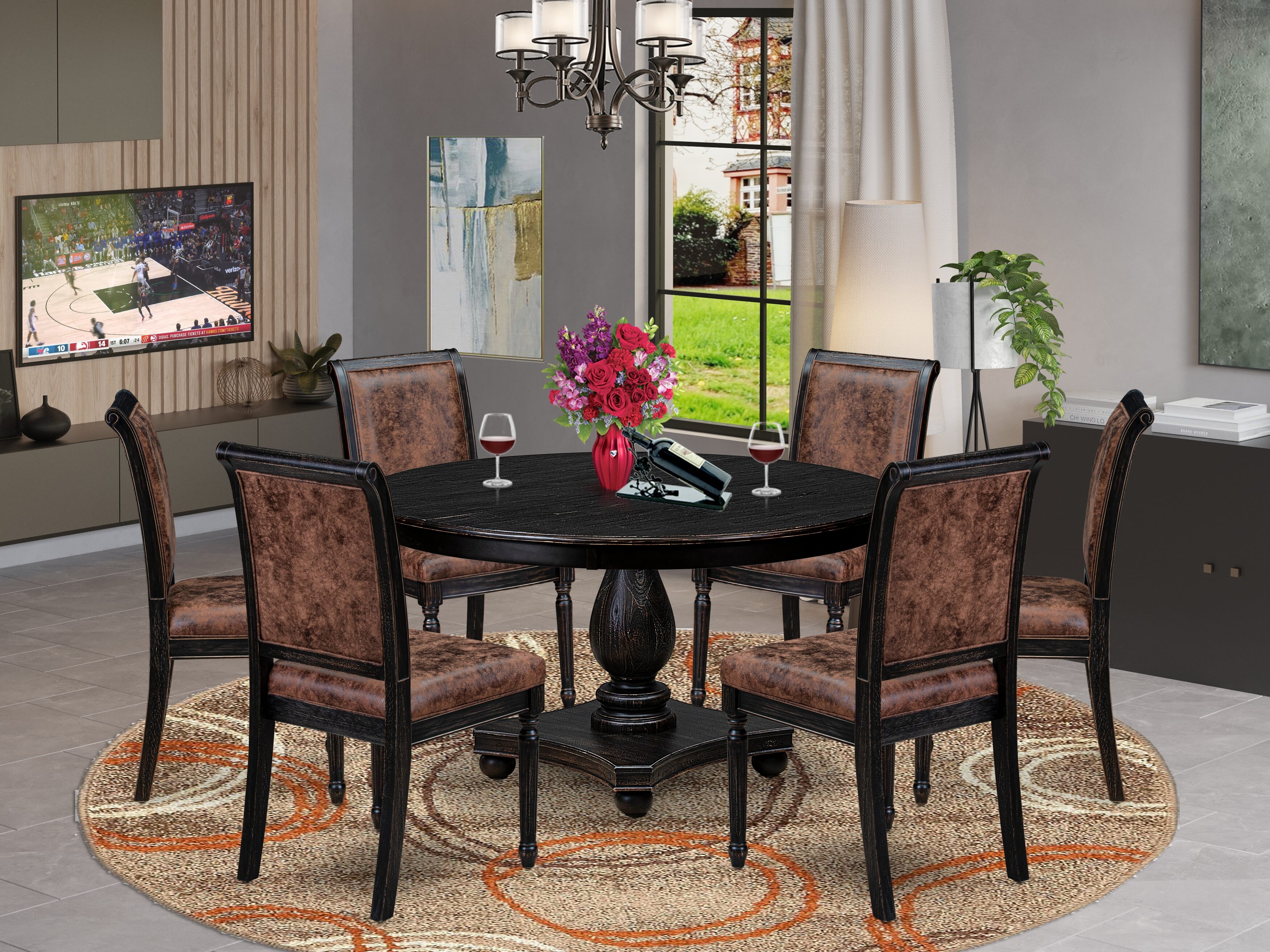 Luxe by East West Furniture - F2CY7-511-33 - 7-piece Dining Table Set consists of a Dining Table and 6 Brown Polyester Fabric Dining Room Chairs with High Back - Sand Blasting Black Finish