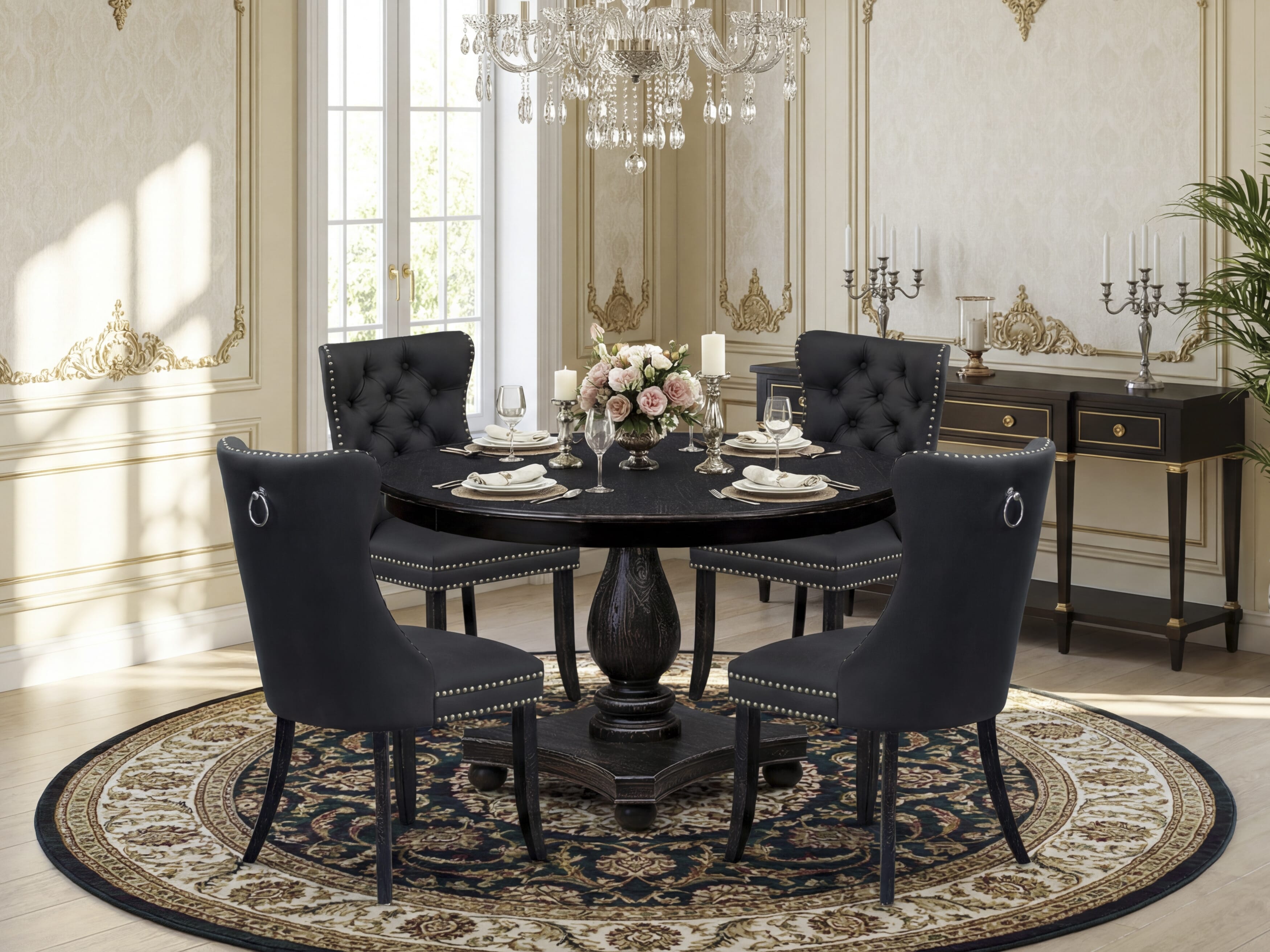 Luxe by East West Furniture F2DA5-411-12 5-Piece Dining Table Set with Faux Leather 4 Dark Gray Kitchen chairs, Button-Tufted Backs, and a 48"Round Kitchen Table in Sand Blasted Black Finish.