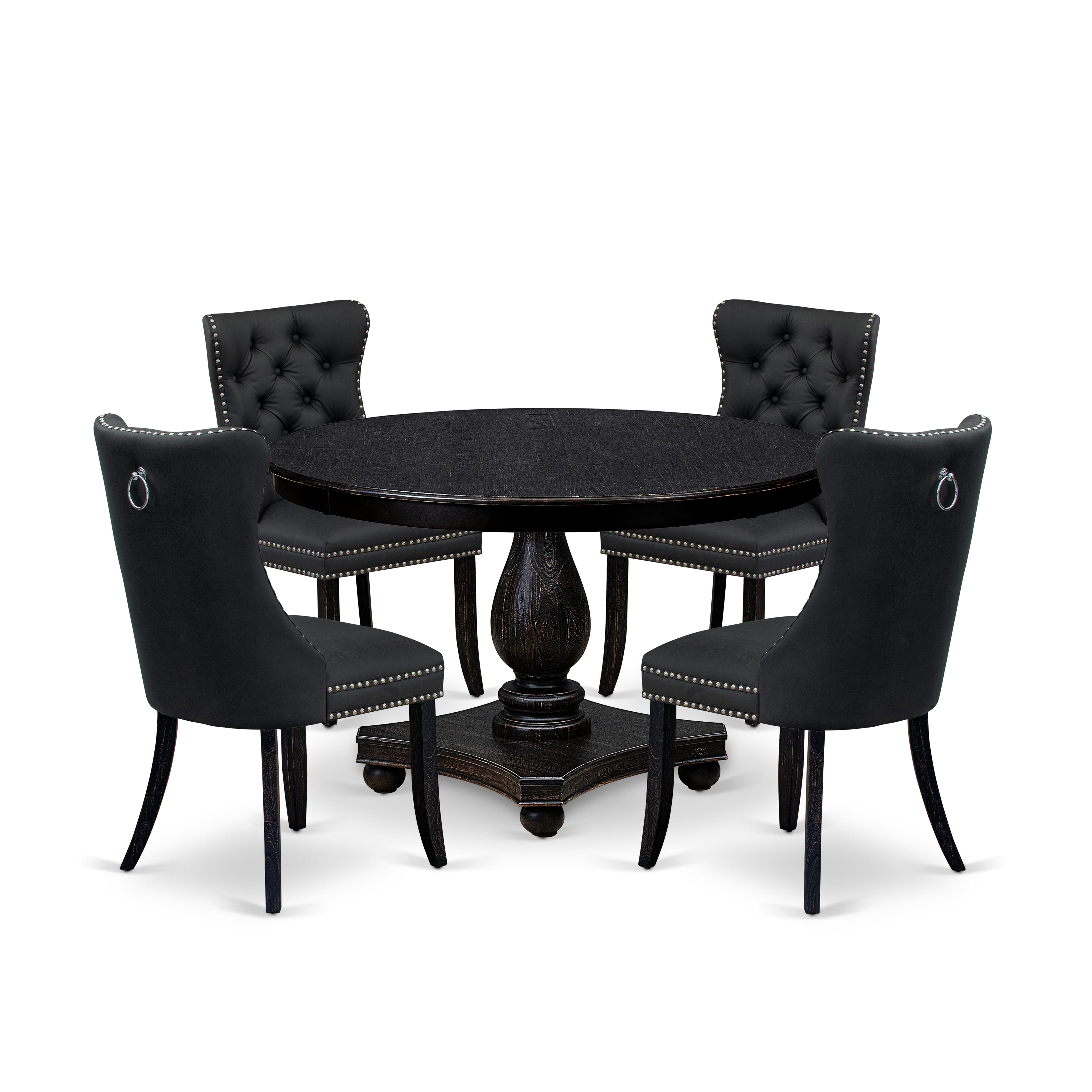 Luxe by East West Furniture F2DA5-411-12 5-Piece Dining Table Set with Faux Leather 4 Dark Gray Kitchen chairs, Button-Tufted Backs, and a 48"Round Kitchen Table in Sand Blasted Black Finish.