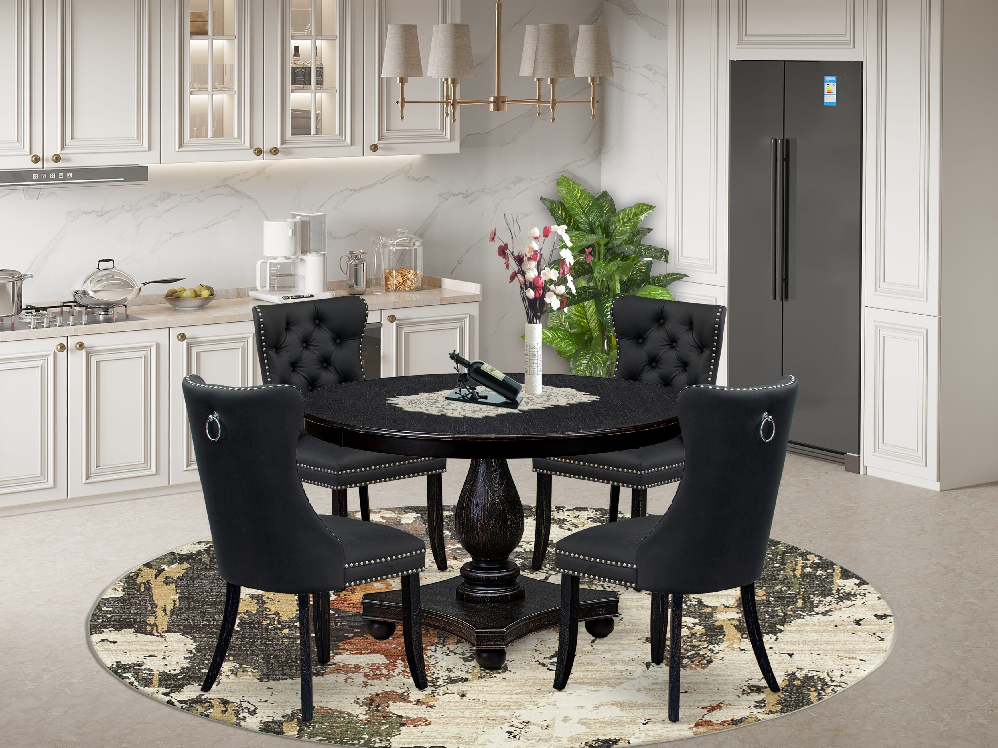 Luxe by East West Furniture F2DA5-411-12 5-Piece Dining Table Set with Faux Leather 4 Dark Gray Kitchen chairs, Button-Tufted Backs, and a 48"Round Kitchen Table in Sand Blasted Black Finish.