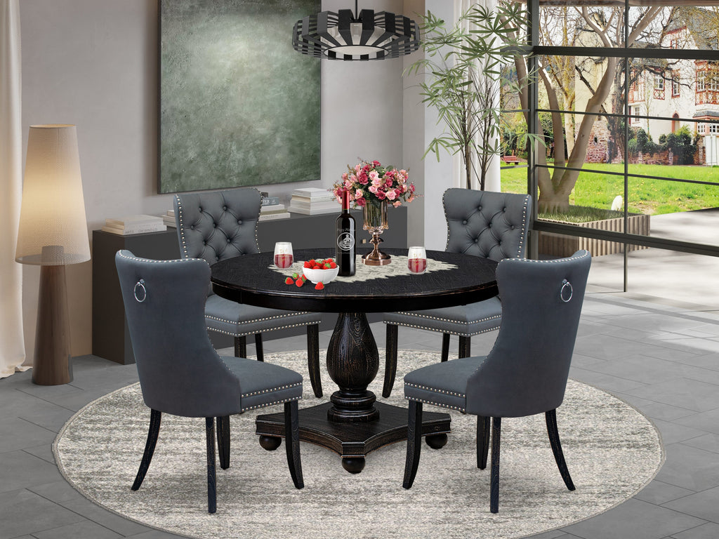 Luxe by East West Furniture F2DA5-411-13 5-piece Dining Set with Faux Leather 4 Platinum Gray dining chairs, Button-Tufted Backs, and a 48"Round Kitchen Table in Sand Blasted Black Finish.