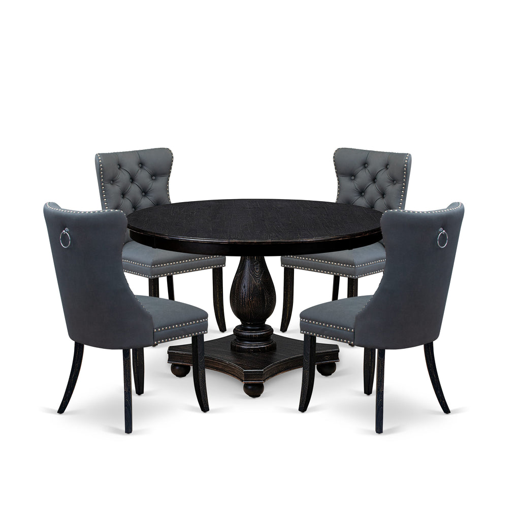 Luxe by East West Furniture F2DA5-411-13 5-piece Dining Set with Faux Leather 4 Platinum Gray dining chairs, Button-Tufted Backs, and a 48"Round Kitchen Table in Sand Blasted Black Finish.