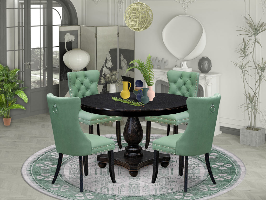 Luxe by East West Furniture F2DA5-411-22 5 Piece Dining Set Includes a 48" Round Table with Pedestal and 4 Willow Green Faux Leather Upholstered Chairs, Sand Blasted Black