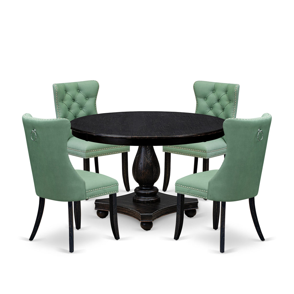 Luxe by East West Furniture F2DA5-411-22 5 Piece Dining Set Includes a 48" Round Table with Pedestal and 4 Willow Green Faux Leather Upholstered Chairs, Sand Blasted Black