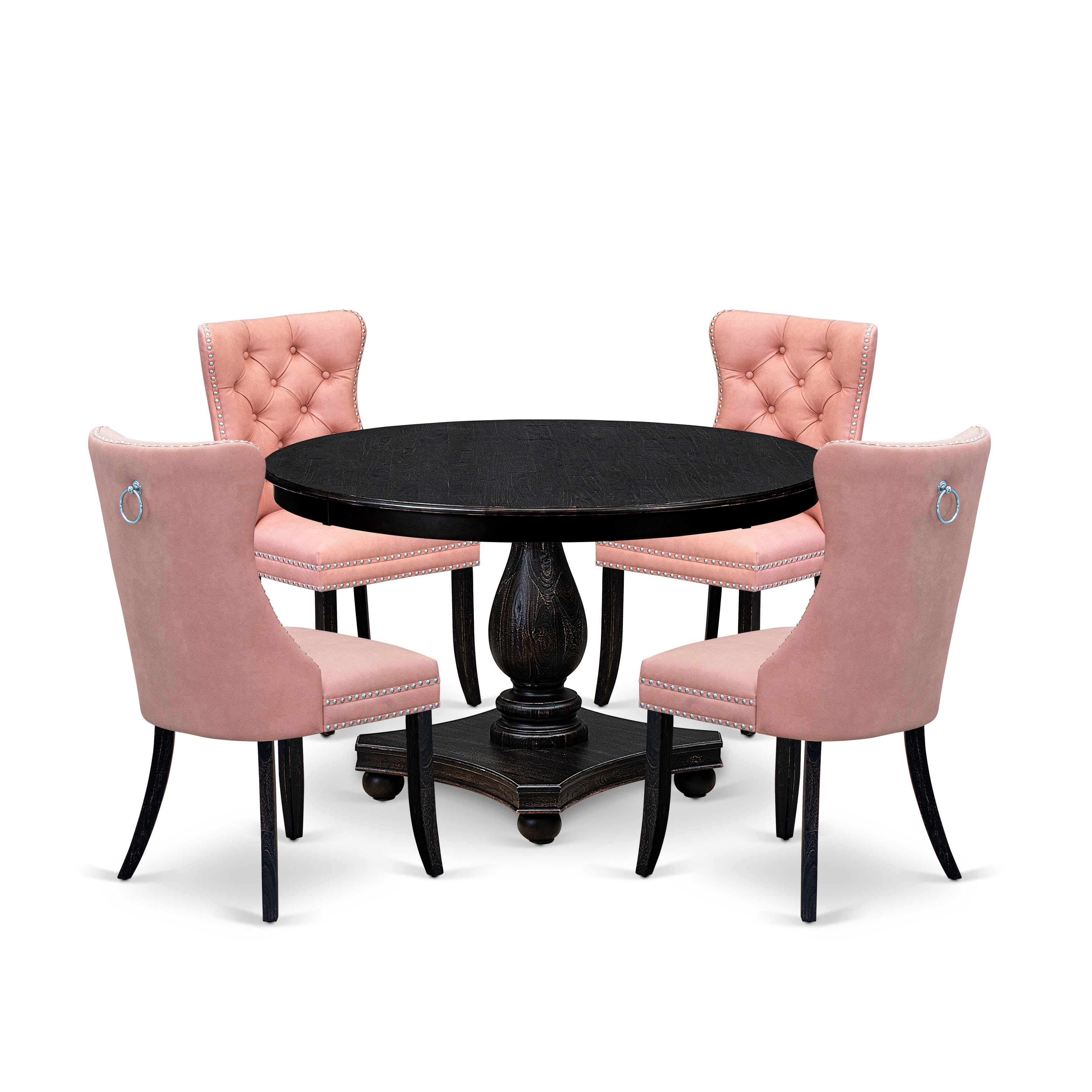 Luxe by East West Furniture F2DA5-411-23 5 Piece Dining Set for 4 Consists of a 48" Round Table with Pedestal and 4 Beige Red Faux Leather Padded Chairs, Sand Blasted Black