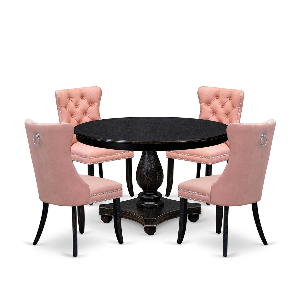 Luxe by East West Furniture F2DA5-411-23 5 Piece Dining Set for 4 Consists of a 48" Round Table with Pedestal and 4 Beige Red Faux Leather Padded Chairs, Sand Blasted Black