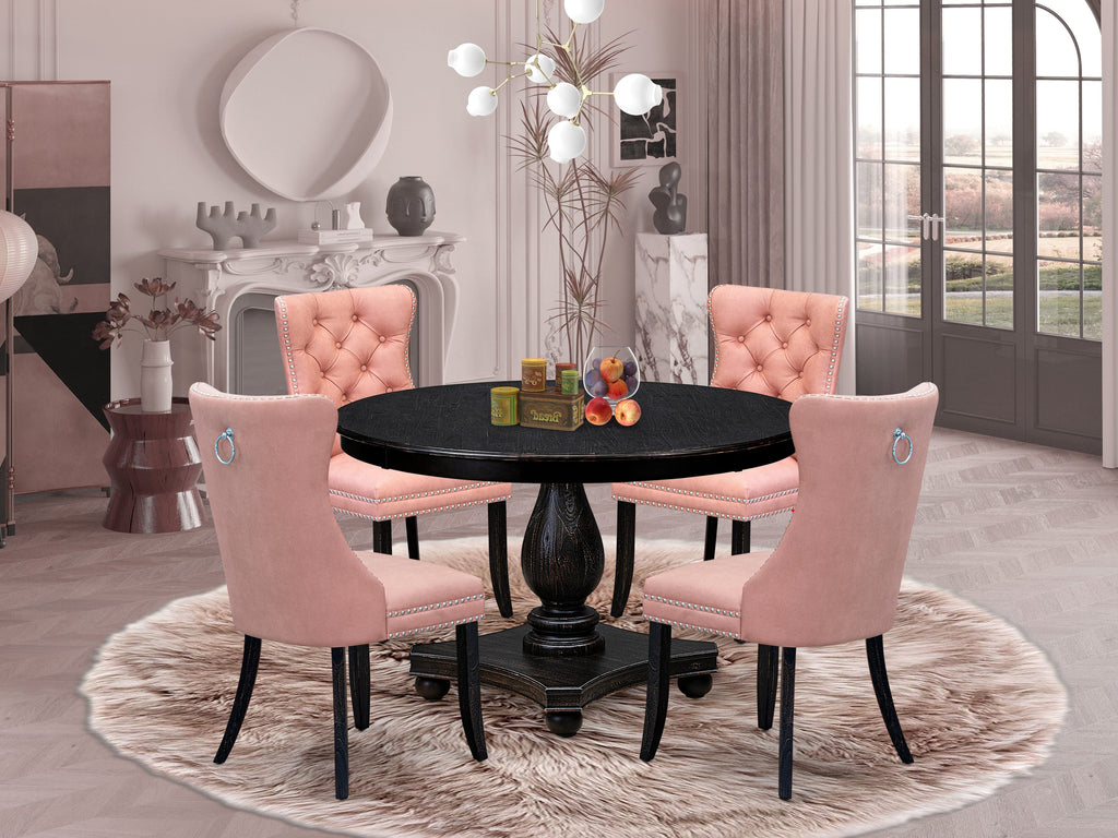 Luxe by East West Furniture F2DA5-411-23 5 Piece Dining Set for 4 Consists of a 48" Round Table with Pedestal and 4 Beige Red Faux Leather Padded Chairs, Sand Blasted Black