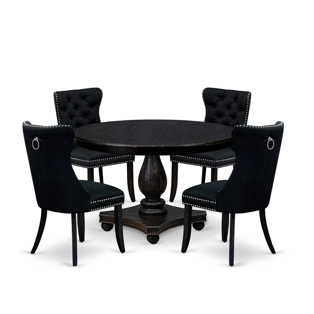 Luxe by East West Furniture F2DA5-411-24 5 Piece Dining Room Set for 4 Includes a 48" Round Table with Pedestal and 4 Black Linen Fabric Parson Chairs, Sand Blasted Black