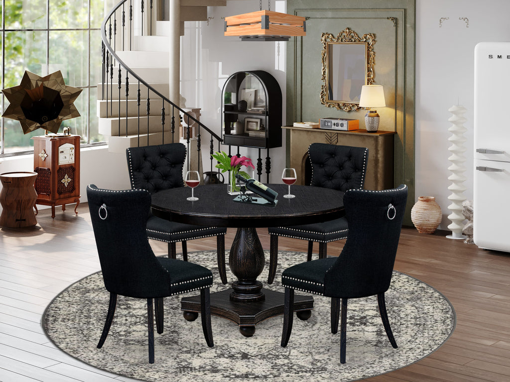 Luxe by East West Furniture F2DA5-411-24 5 Piece Dining Room Set for 4 Includes a 48" Round Table with Pedestal and 4 Black Linen Fabric Parson Chairs, Sand Blasted Black