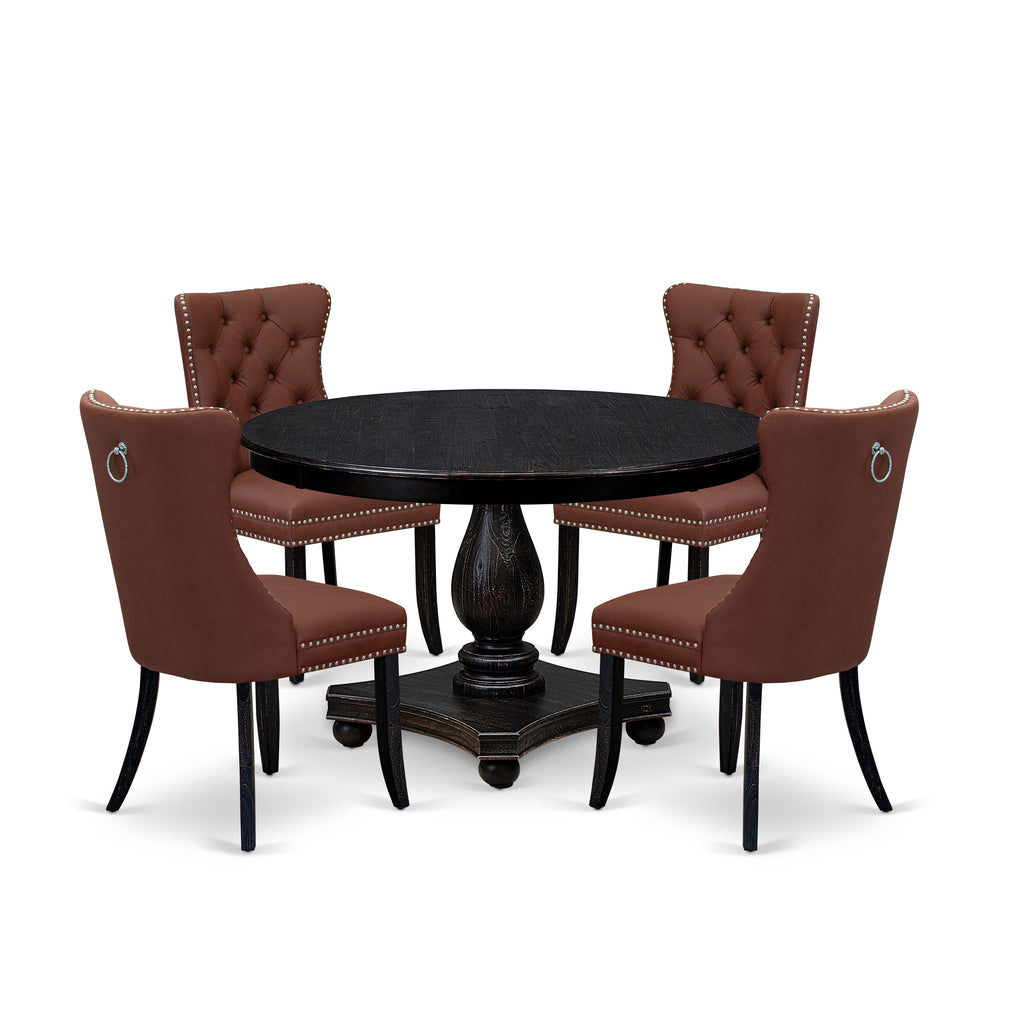 Luxe by East West Furniture F2DA5-411-26 5 Piece Dining Table Set Consists of a 48" Round Table with Pedestal and 4 Burgandy Faux Leather Parson Chairs, Sand Blasted Black