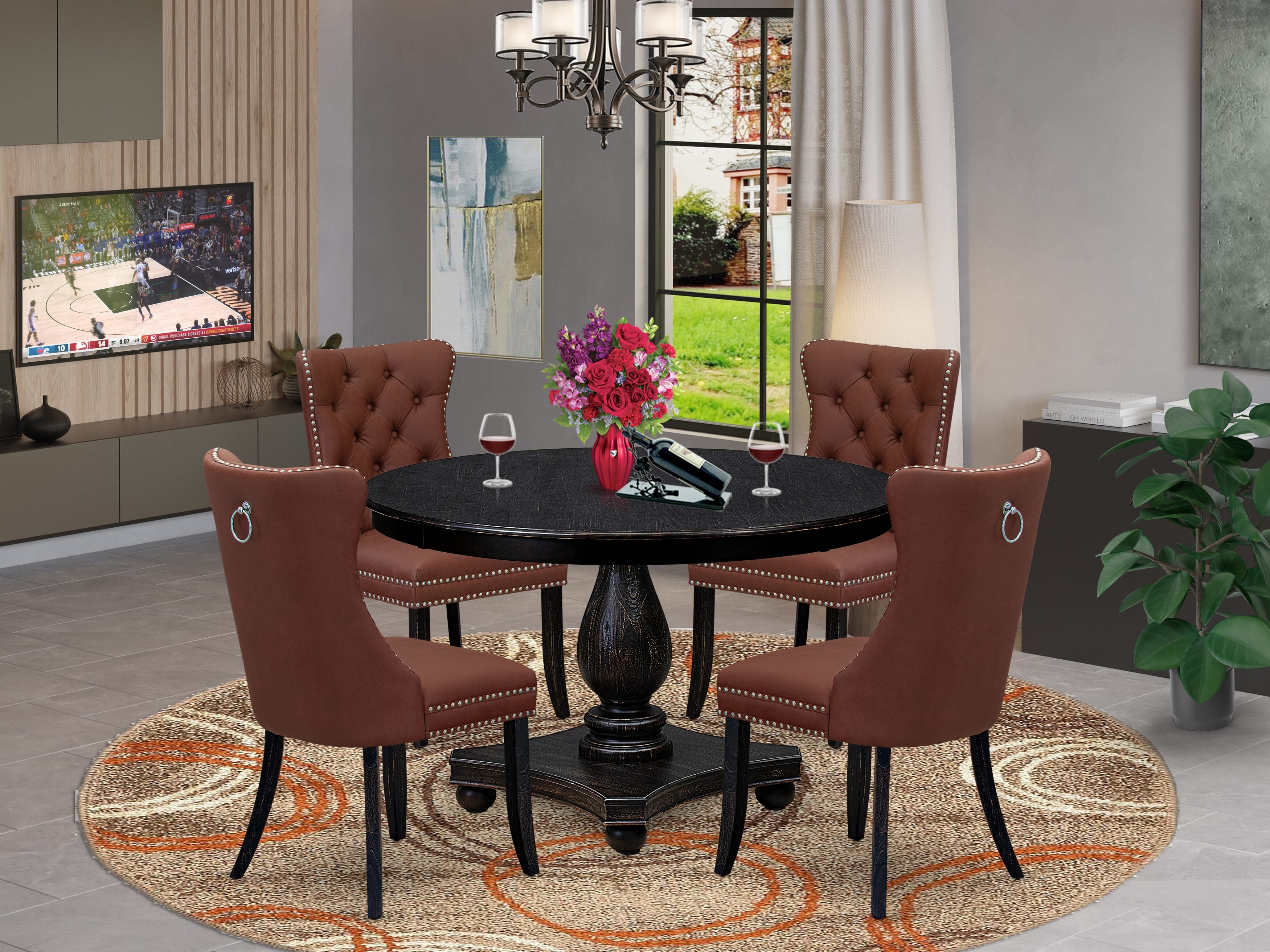 Luxe by East West Furniture F2DA5-411-26 5 Piece Dining Table Set Consists of a 48" Round Table with Pedestal and 4 Burgundy Faux Leather Parson Chairs, Sand Blasted Black