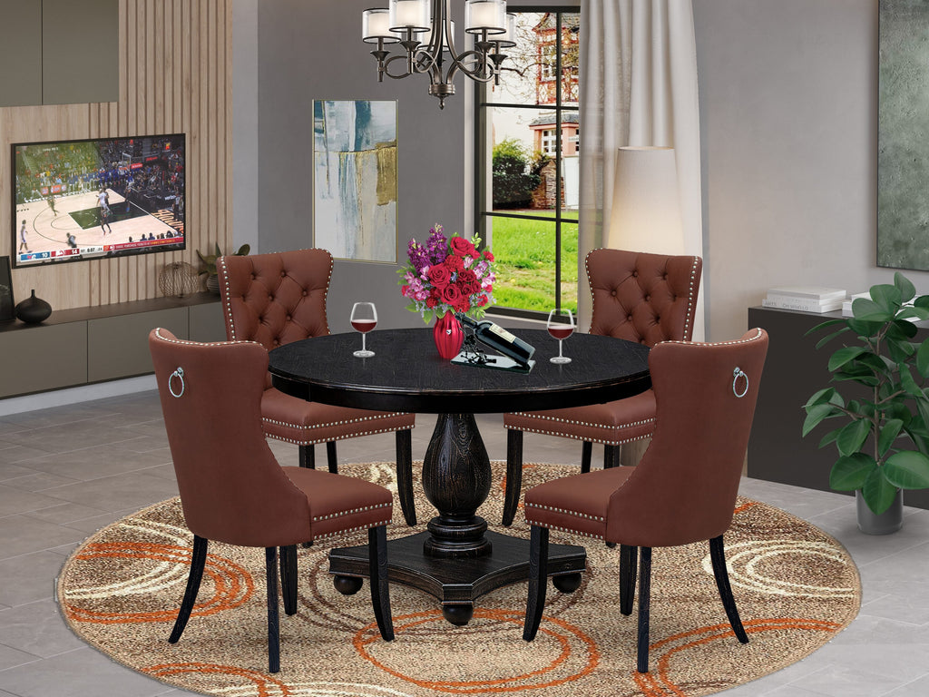 Luxe by East West Furniture F2DA5-411-26 5 Piece Dining Table Set Consists of a 48" Round Table with Pedestal and 4 Burgandy Faux Leather Parson Chairs, Sand Blasted Black