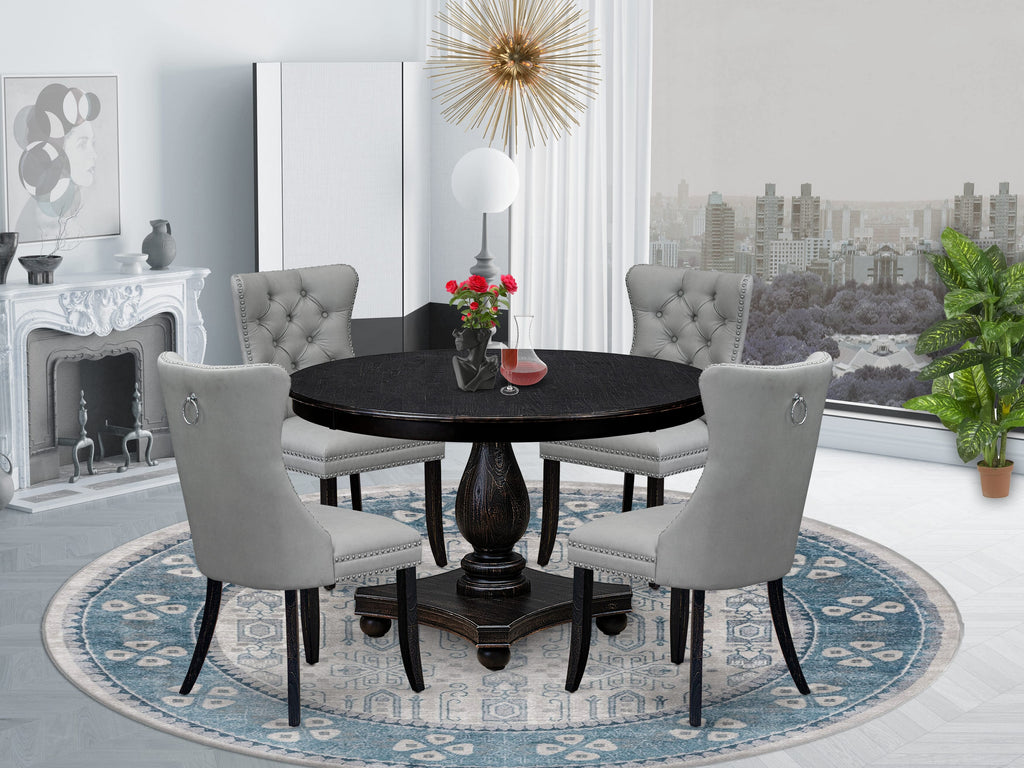 Luxe by East West Furniture F2DA5-411-27 5 Piece Dining Table Set Consists of a 48" Round Table with Pedestal and 4 Light Gray Faux Leather Parson Chairs, Sand Blasted Black
