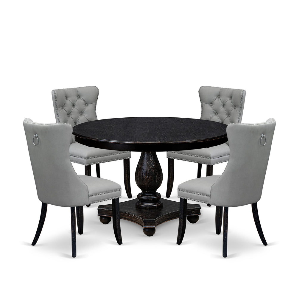 Luxe by East West Furniture F2DA5-411-27 5 Piece Dining Table Set Consists of a 48" Round Table with Pedestal and 4 Light Gray Faux Leather Parson Chairs, Sand Blasted Black