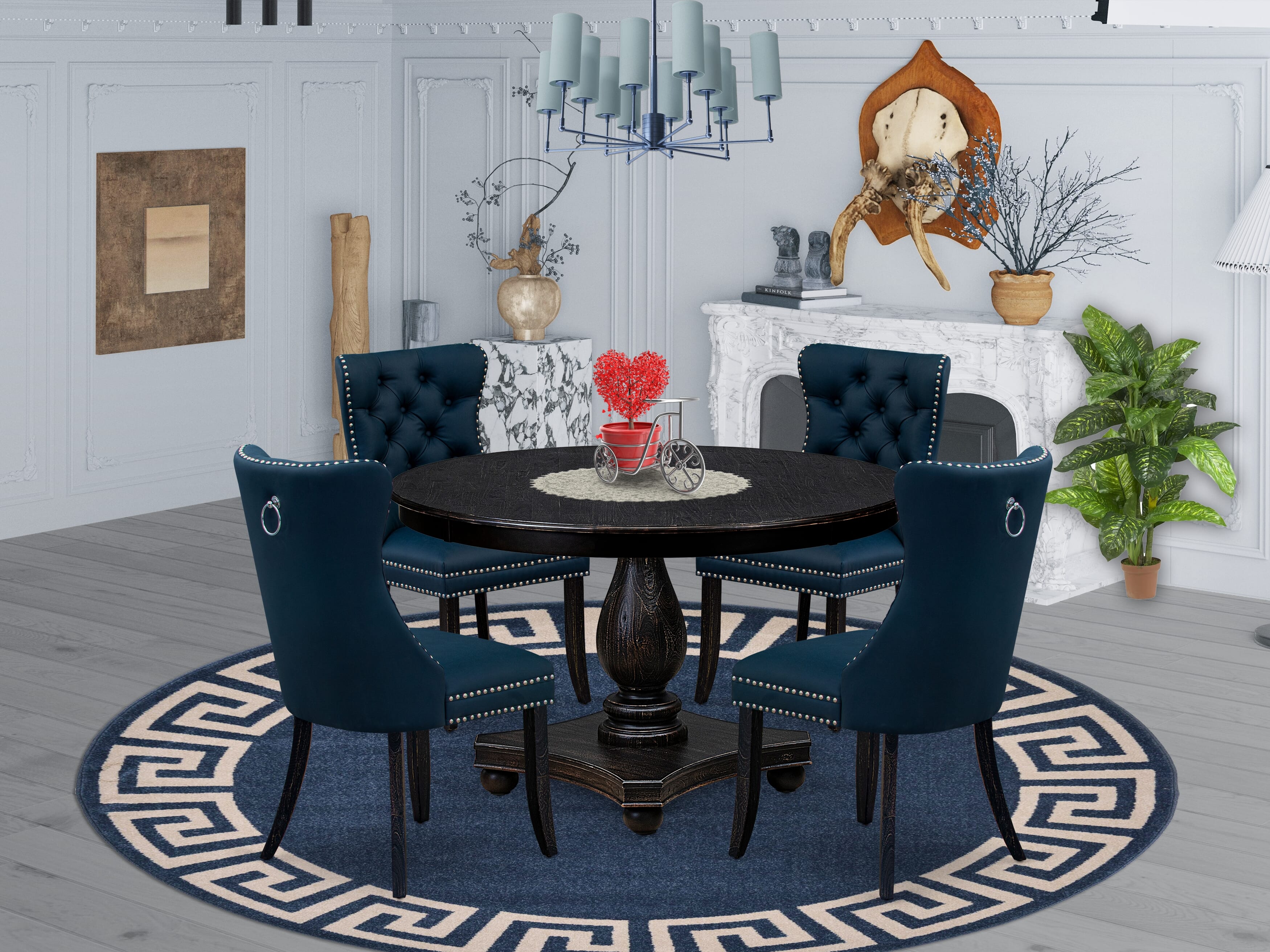 Luxe by East West Furniture F2DA5-411-29 5 Piece Dining Table Set Includes a 48" Round Table with Pedestal and 4 Navy Blue Faux Leather Upholstered Chairs, Sand Blasted Black