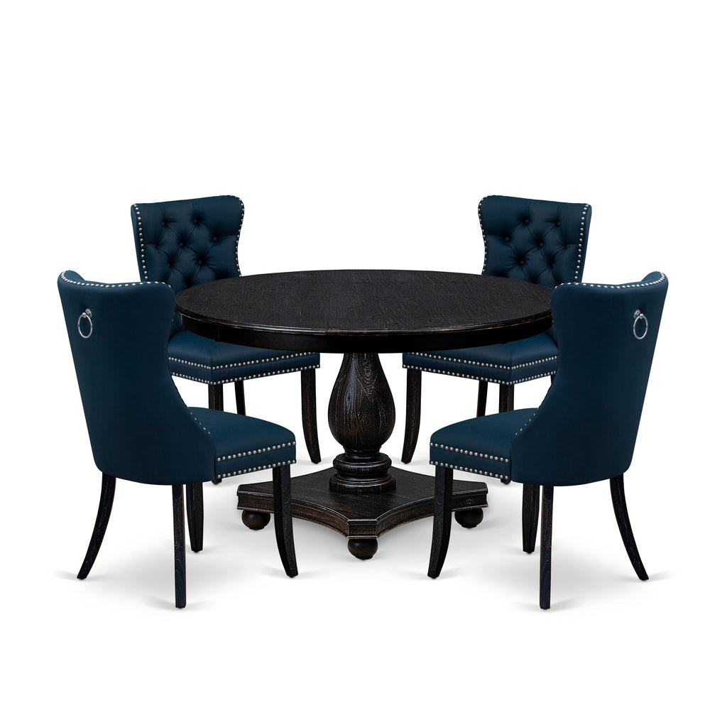 Luxe by East West Furniture F2DA5-411-29 5 Piece Dining Table Set Includes a 48" Round Table with Pedestal and 4 Navy Blue Faux Leather Upholstered Chairs, Sand Blasted Black