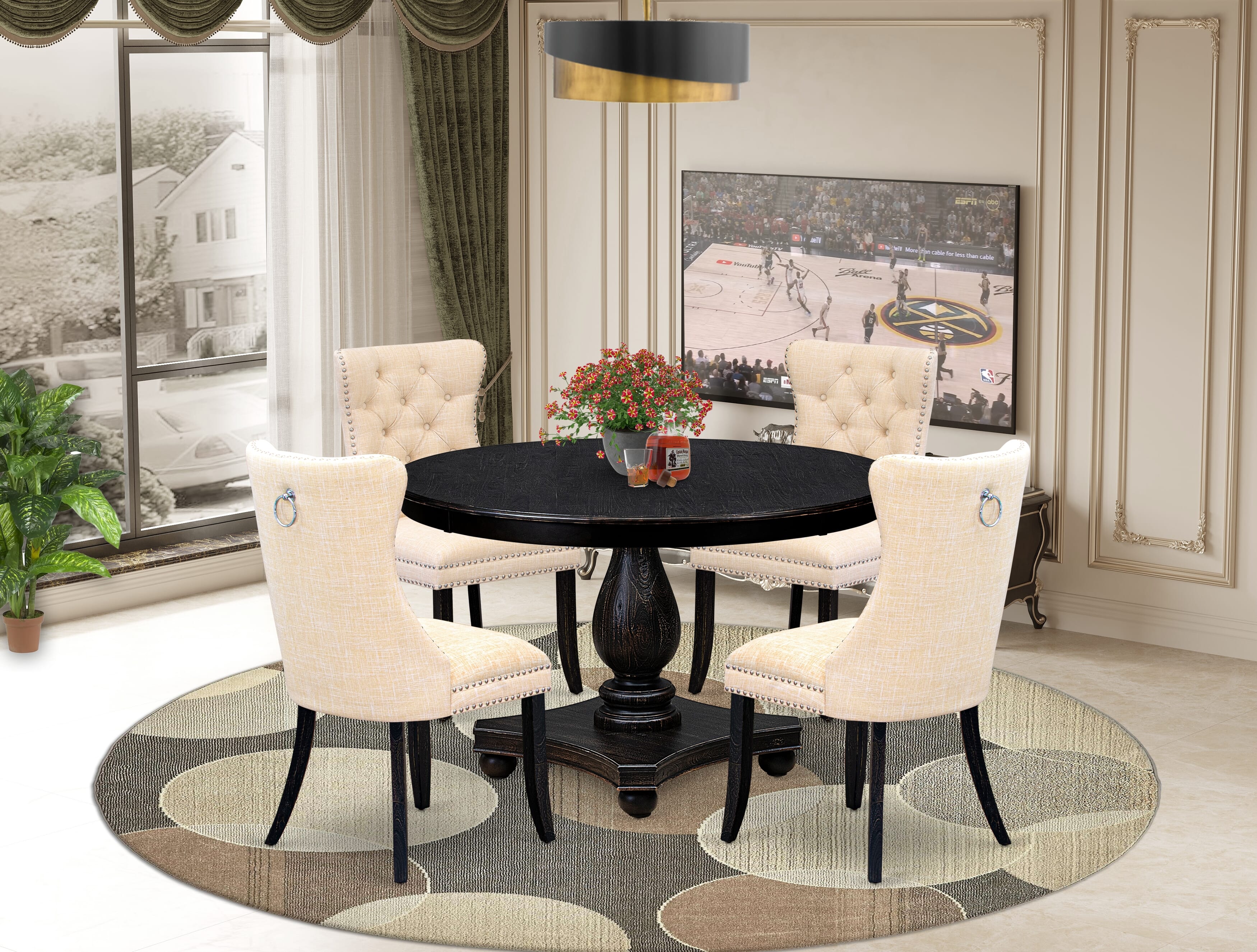 Luxe by East West Furniture F2DA5-411-32 5-piece Kitchen Set contains a kitchen table and 4 Light Beige Linen Fabric dinner chair with Button Tufted Back - Sand Blasted Black