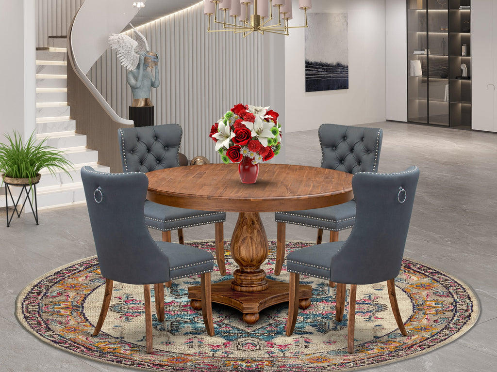 Luxe by East West Furniture F2DA5-50N-13 5-piece Mid-century Dining table set included a Dining Table and 4 Platinum Gray Faux Leather Dining Chairs with Button Tufted Back - Antique Walnut Finish