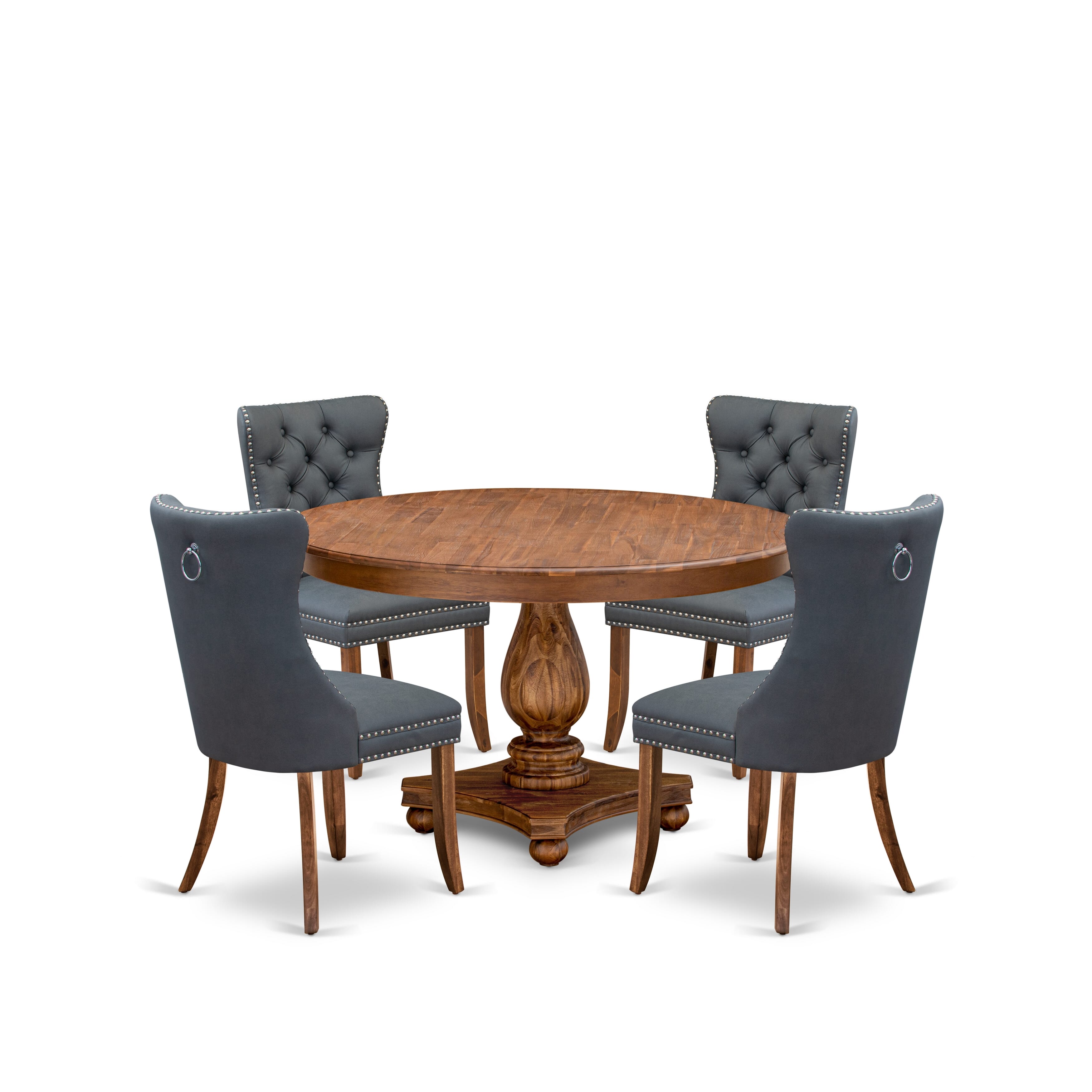 Luxe by East West Furniture F2DA5-50N-13 5-piece Mid-century Dining table set included a Dining Table and 4 Platinum Gray Faux Leather Dining Chairs with Button Tufted Back - Antique Walnut Finish