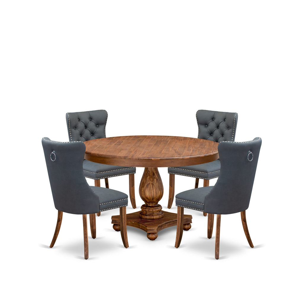 Luxe by East West Furniture F2DA5-50N-13 5-piece Mid-century Dining table set included a Dining Table and 4 Platinum Gray Faux Leather Dining Chairs with Button Tufted Back - Antique Walnut Finish