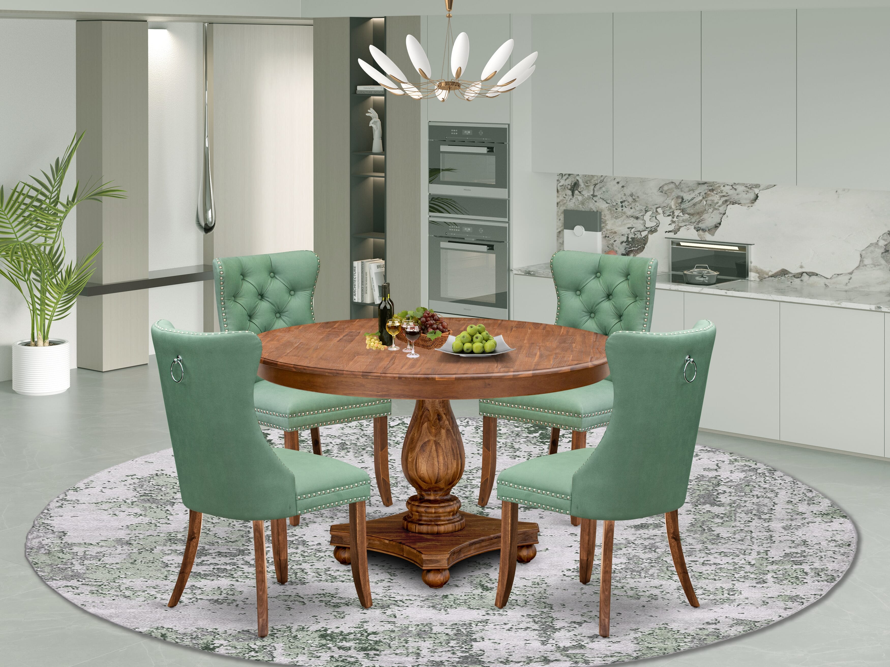 Luxe by East West Furniture F2DA5-50N-22 5-piece Dining table set consists of a Kitchen Table and 4 Willow Green Faux Leather Dining Chairs with Button Tufted Back - Antique Walnut Finish