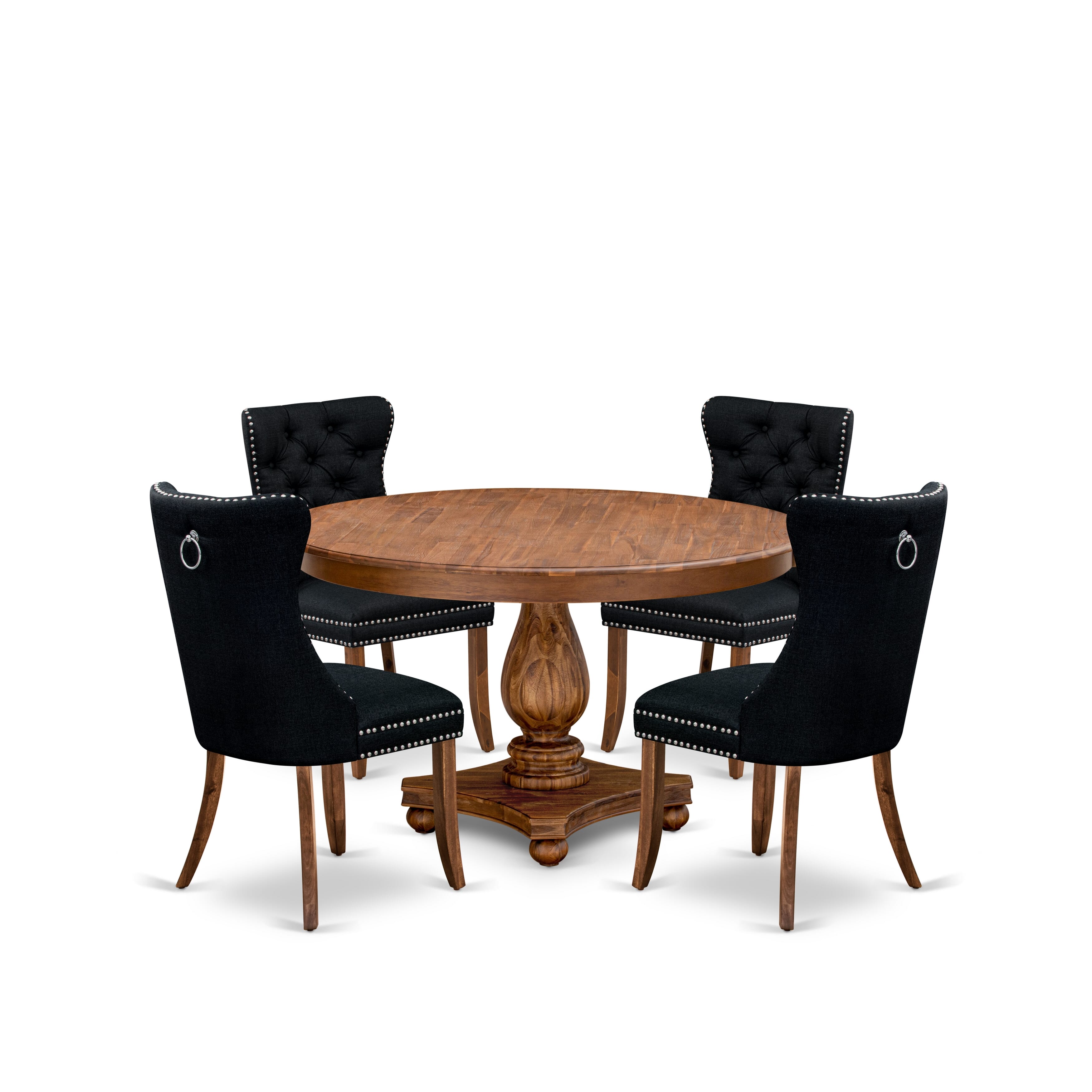 Luxe by East West Furniture F2DA5-50N-24 5-Piece Dining Table Set with Linen Fabric 4 Black Dining Room chairs, Button-Tufted Backs, and a 54"Round Table in Antique Walnut Finish.