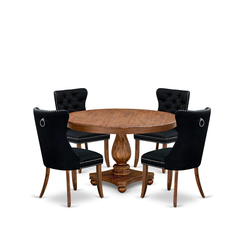 Luxe by East West Furniture F2DA5-50N-24 5-Piece Dining Table Set with Linen Fabric 4 Black Dining Room chairs, Button-Tufted Backs, and a 54"Round Table in Antique Walnut Finish.